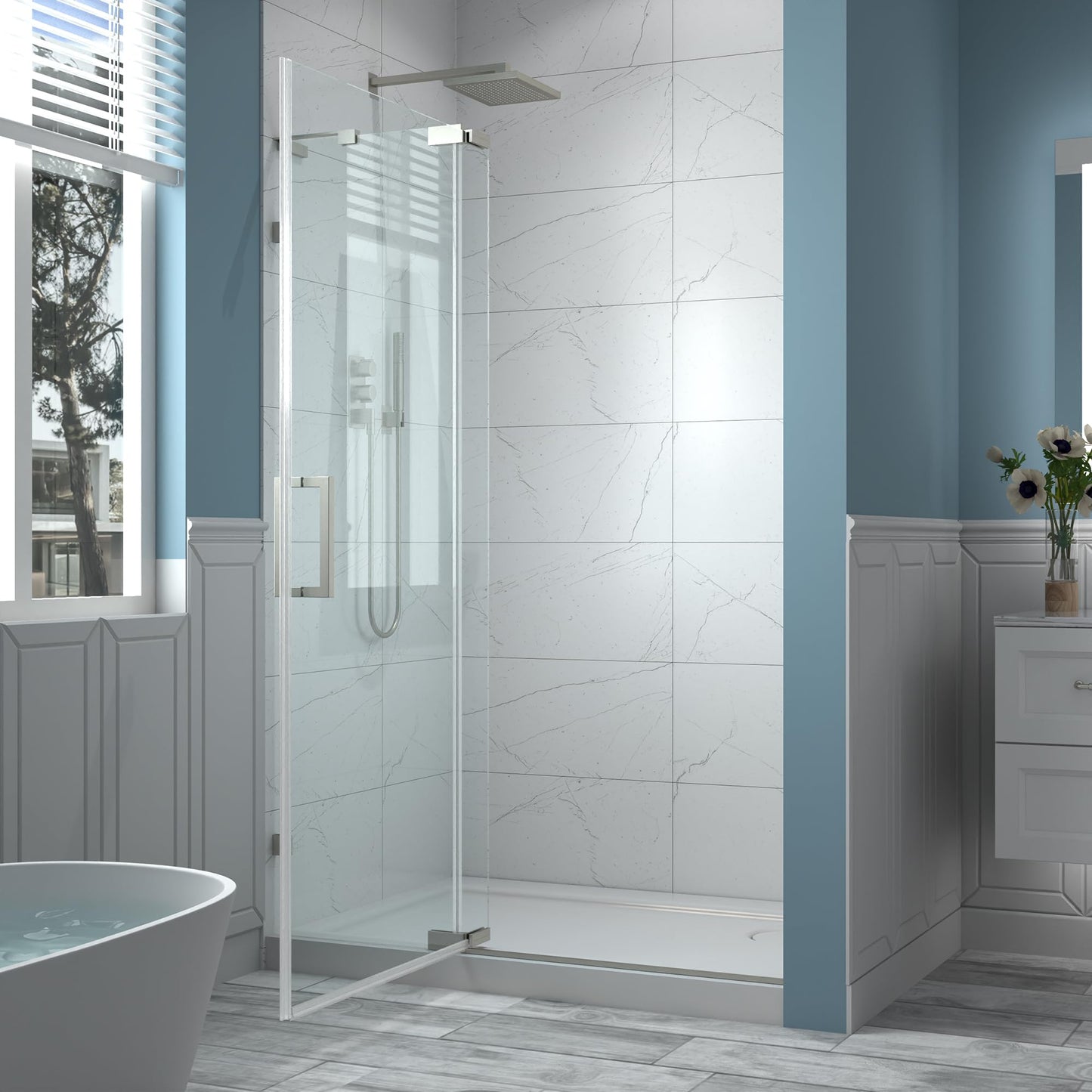 ComfyStyle 44-48" W x 70" H Frameless Pivot Shower Door, 5/16"(8mm) Clear SGCC Tempered Glass Shower Doors, Brushed Nickel Hinged Shower Glass Door, Reversible Installation