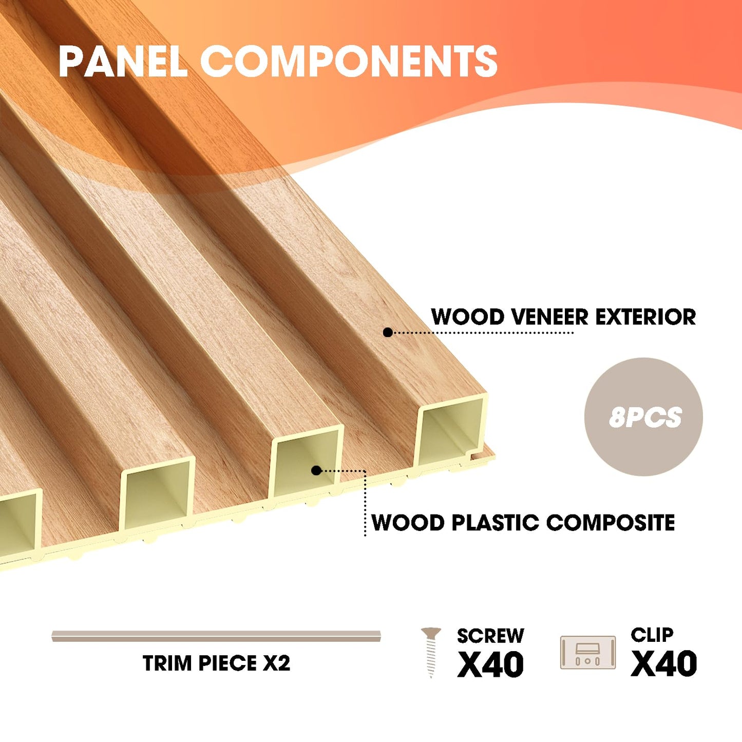 OUZUGIE WPC Acoustic Slat Wall Paneling, 8-Pack 96 x 6 Inches 3D Wall Panels for Interior Wall Decor,Living Room,TV Background,Study Room,Office Spaces,Bedroom,High Grille (Oak)