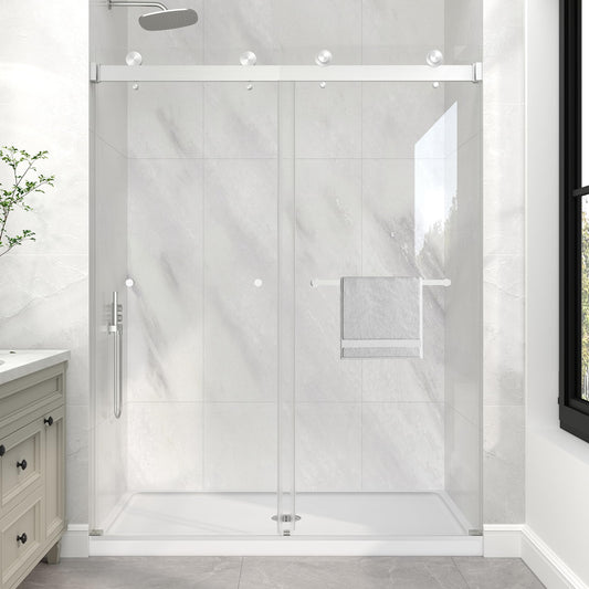 KPUY Frameless Shower Door, 43-48" W x 76" H Double Sliding Glass Shower Door, 1/4" (6mm) Thick Tempered Clear Glass with Explosion-Proof Film Nano Coating, Brushed Nickel