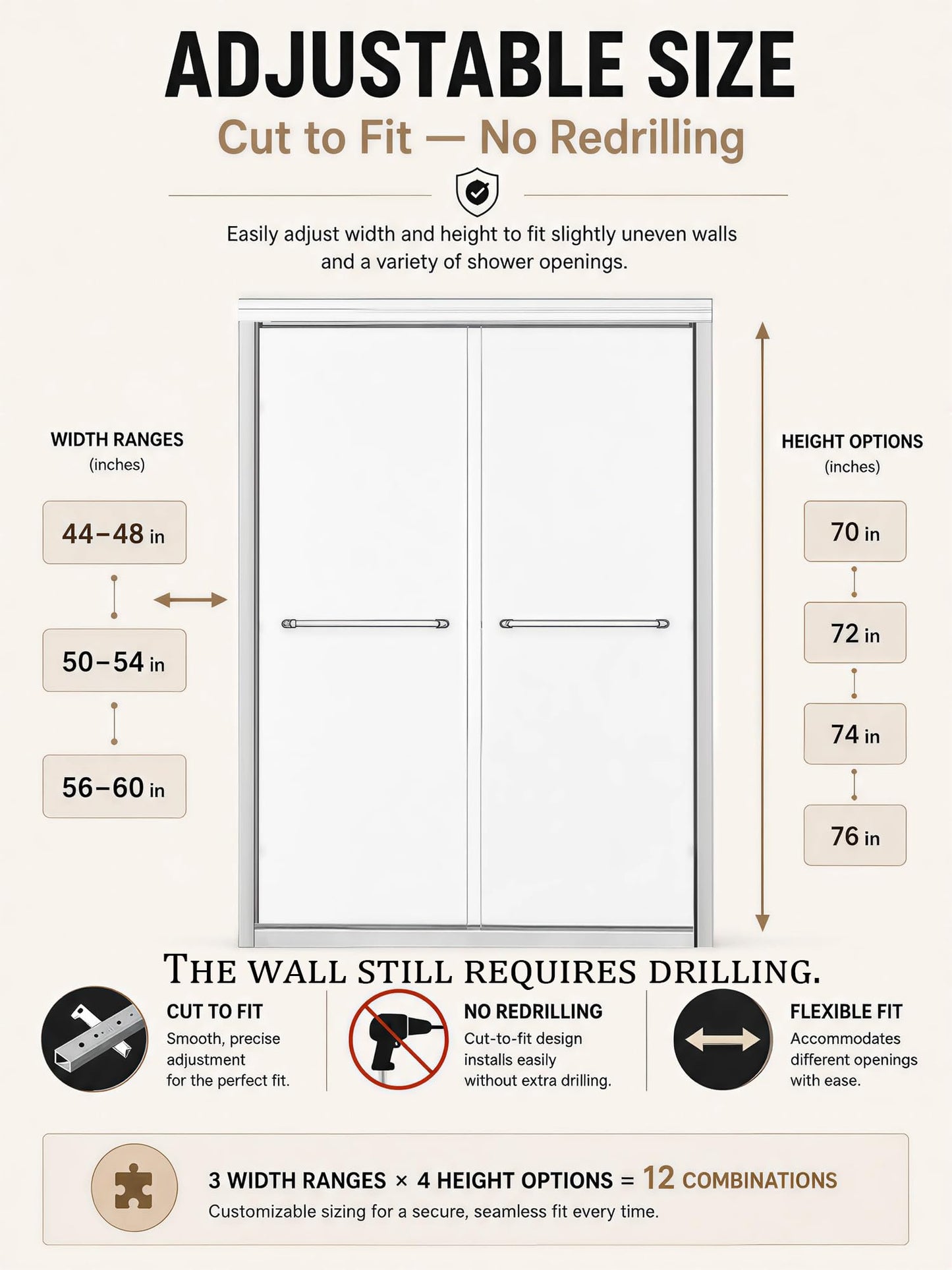 Semi-Frameless Sliding Glass Shower Door 56-60 in. W x 72 in. H, Chrome Frame, 1/4 in. Clear Tempered Glass, Bypass Shower Door, Reversible Shower Doors for Walk-in Bathroom