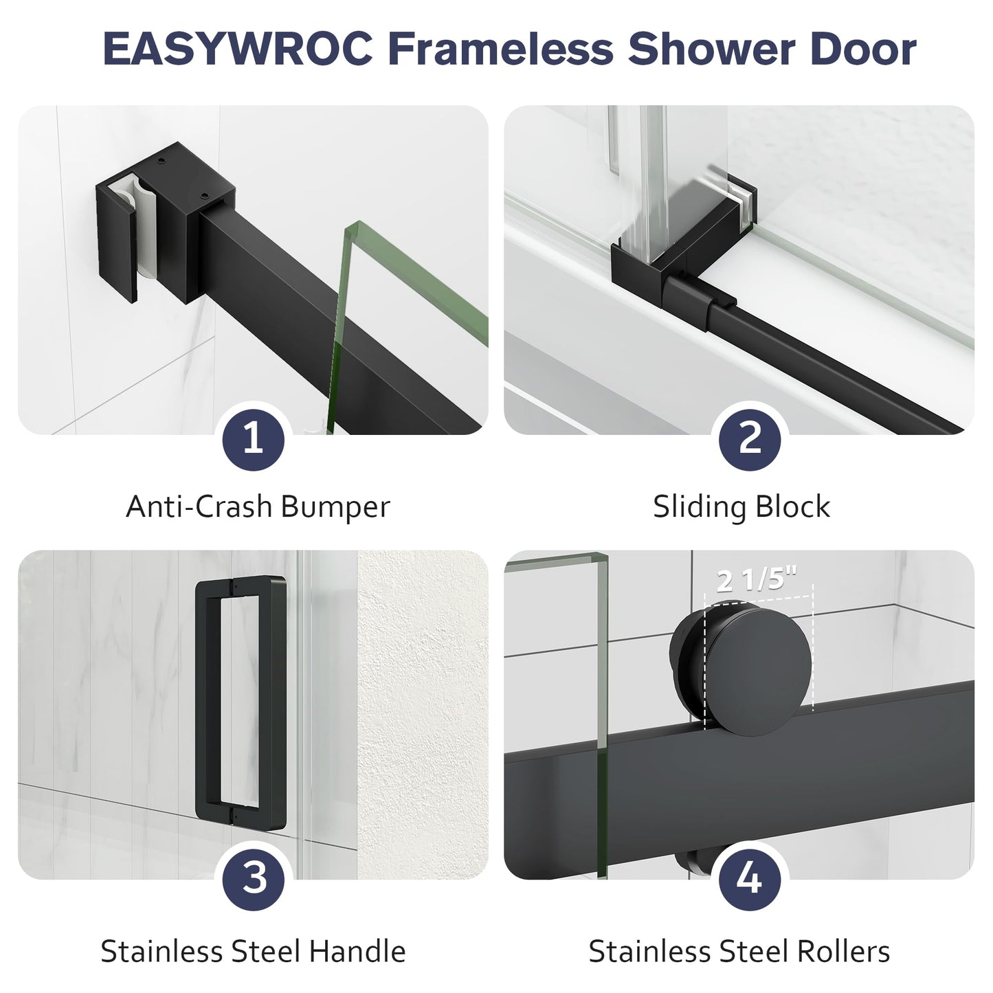 EASYWORC Frameless Shower Door, 43-48" W x 76" H Sliding Glass Shower Door, 1/4''(6mm SGCC Tempered Glass with Explosion-Proof Film Nano Coating in Matte Black Finish