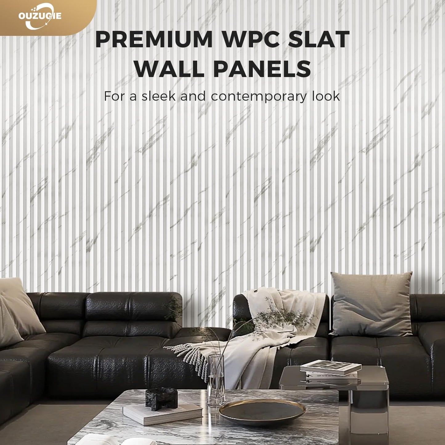 OUZUGIE WPC Acoustic Slat Wall Paneling, 8-Pack 114 x 6 Inches 3D Wall Panels for Interior Wall Decor,Living Room,TV Background,Study Room,Office Spaces,Bedroom,High Grille (White)