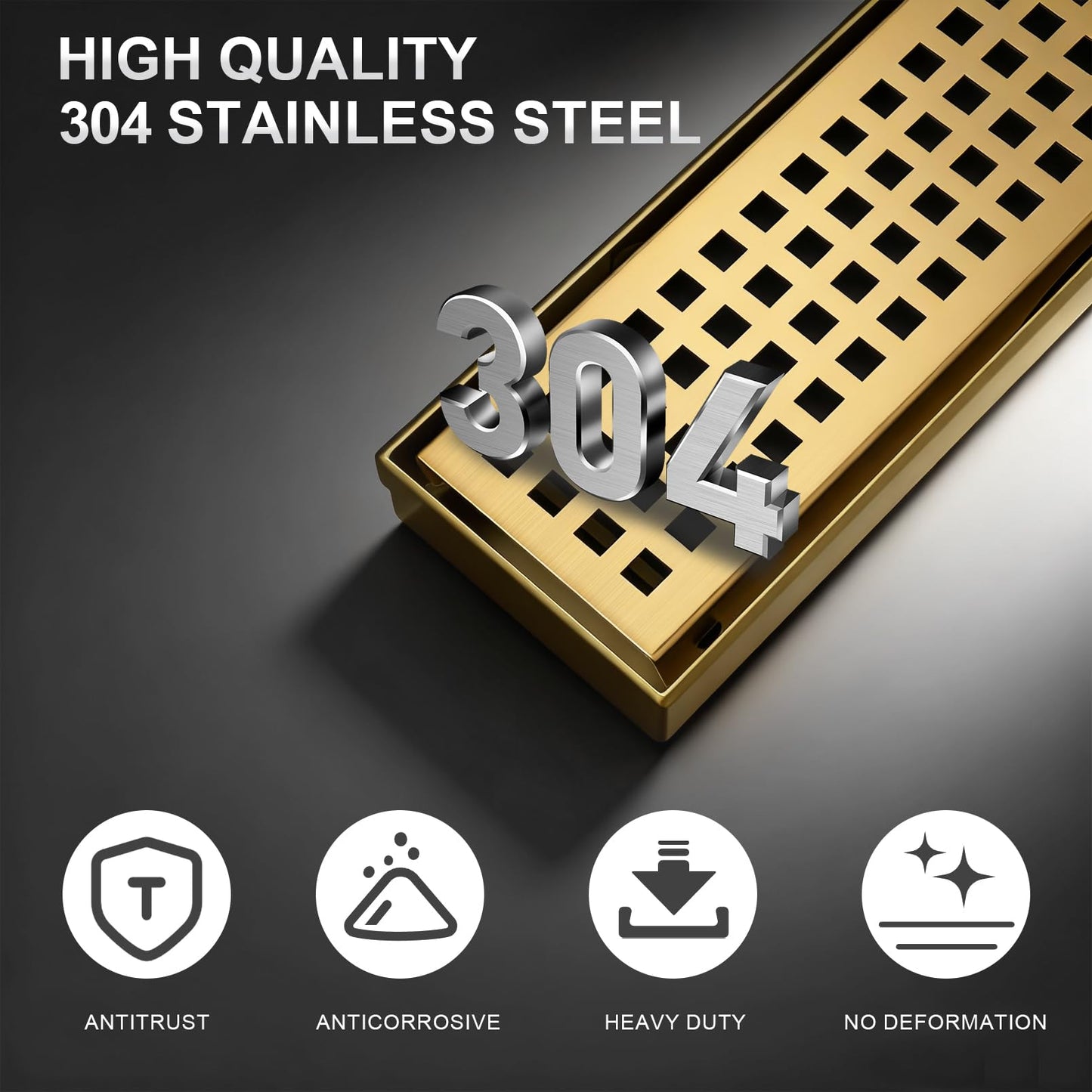 24-Inch Brushed Gold Linear Shower Drain, 304 Stainless Steel Long Linear Drain with Quadrato Pattern Grate, Rectangle Shower Floor Drain with Adjustable Feet, Hair Strainer, Fits Bathroom, Balcony