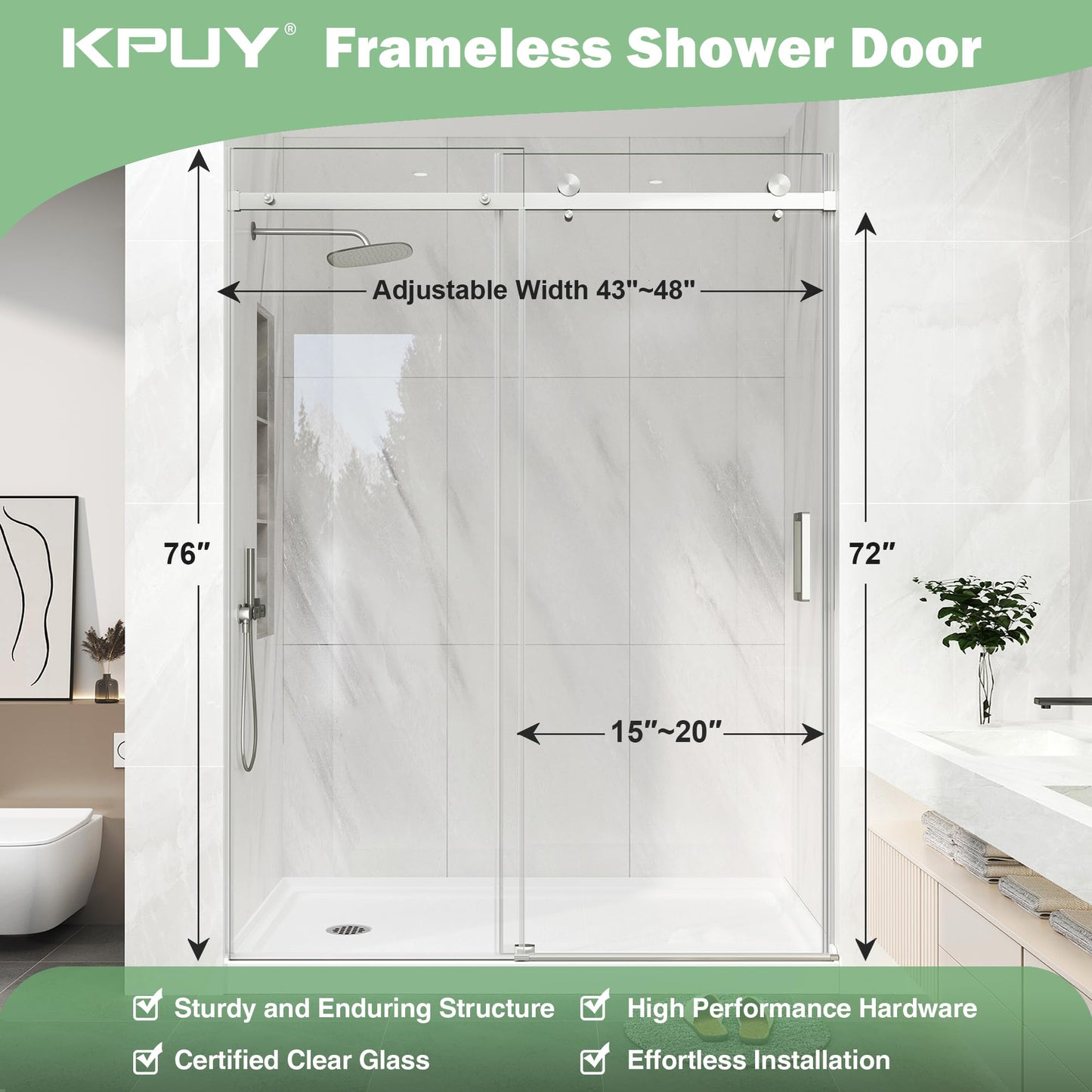 KPUY Frameless Shower Door, 43-48" W x 76" H Sliding Glass Shower Door, 1/4" (6mm) Thick Tempered Clear Glass with Explosion-Proof Film Nano Coating in Brushed Nickle Finish