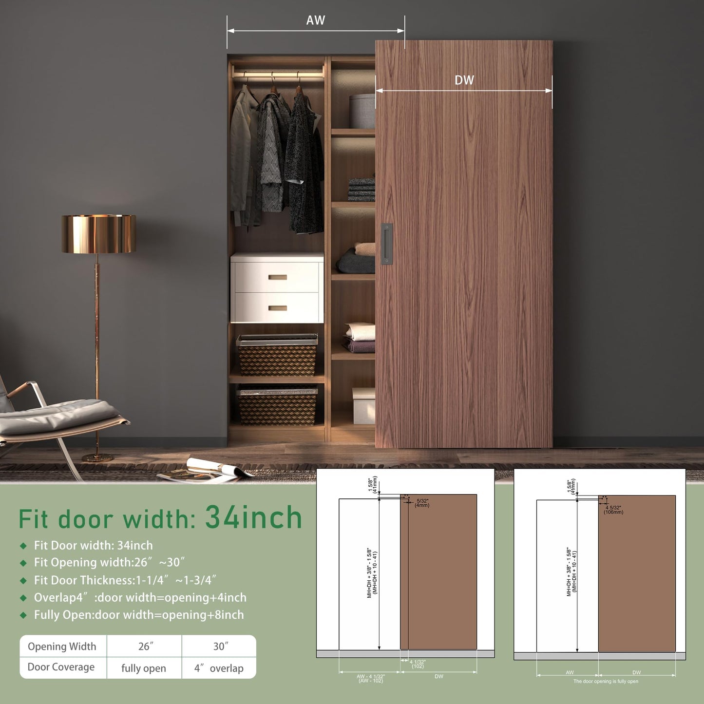 SongYung 34” Concealed Barn Door Hardware Kit with Soft Close Mechanism,Invisible Wall Mount Aluminum Track, Hidden Barn Door Hardware Kit for Door Opening Width 26" to 30"(Door not Included)