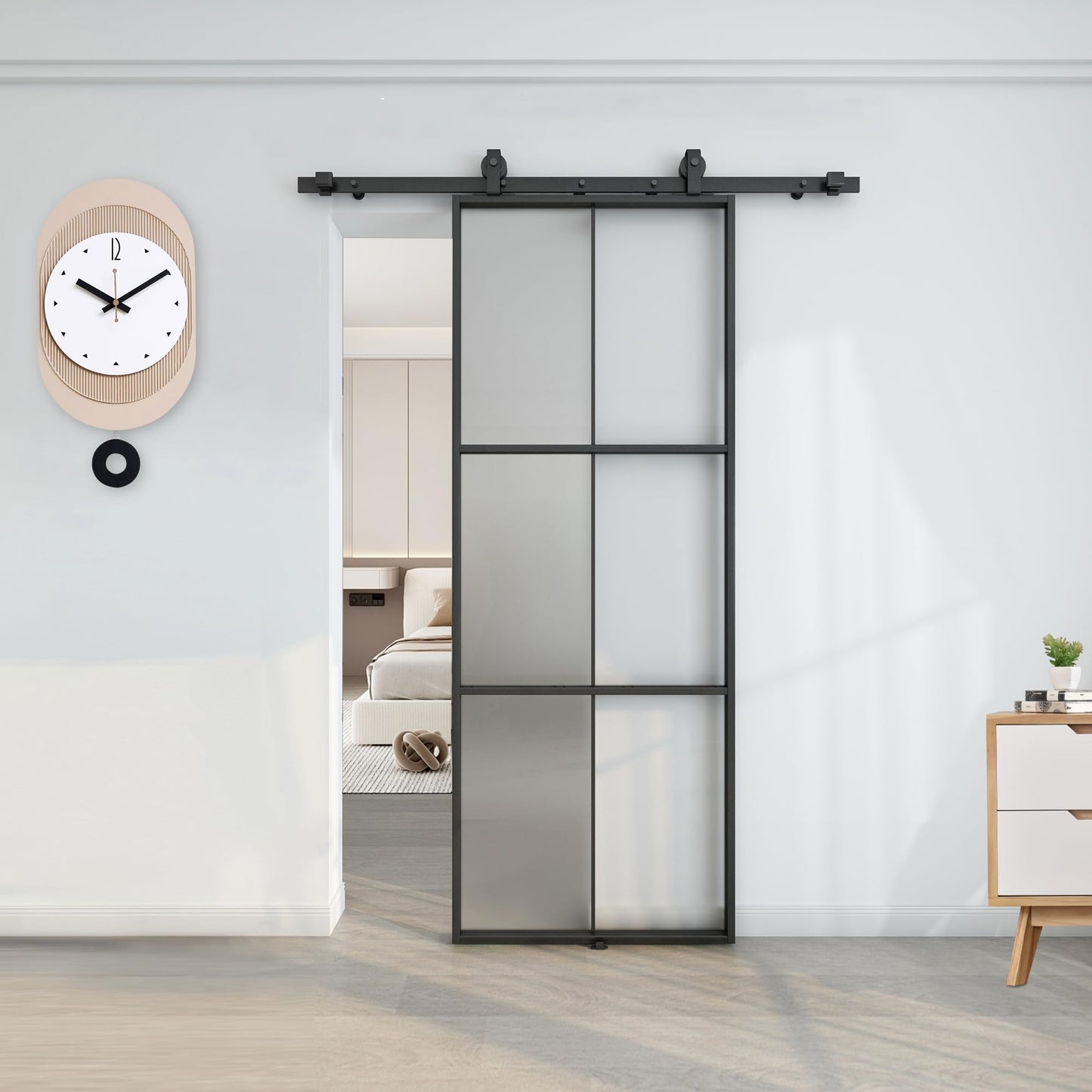 BARNSMITH 36in x 96in Glass Barn Door with 6FT Hardware Included, Aluminum Alloy Frame Frosted Tempered Glass, 6-Lite Lightweight Sliding Barn Door, Easy Assembly