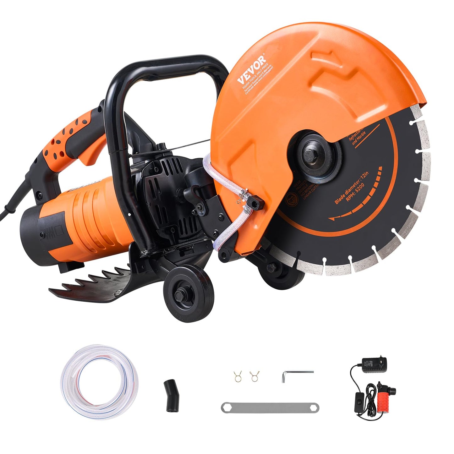 VEVOR Electric Concrete Saw, 12 in, 1800 W Motor Circular Saw Cutter with Max. 4.5 in Adjustable Cutting Depth, Wet Disk Saw Cutter Includes Water Line, Pump and Blade, for Stone, Brick