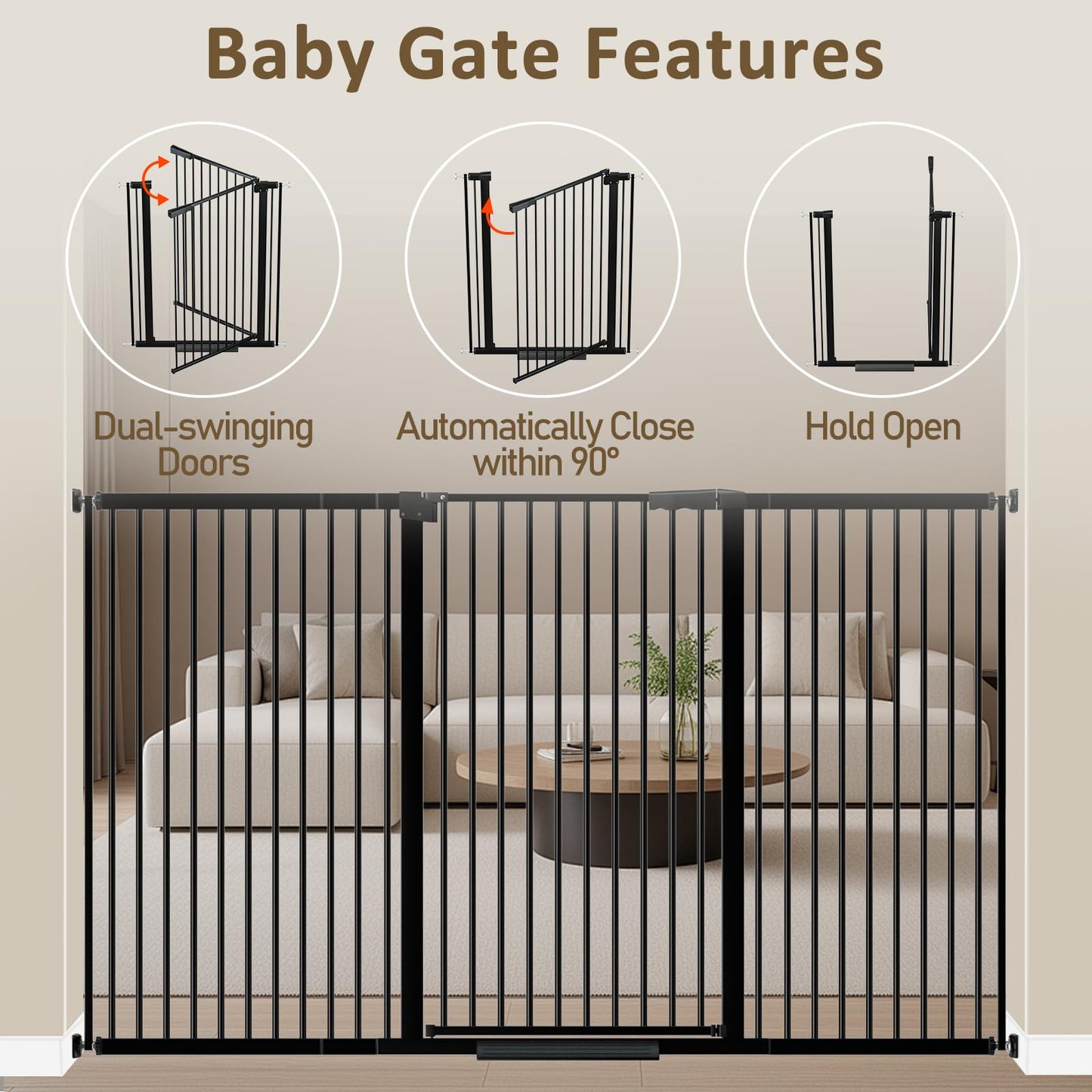 WAOWAO 40.55" Extra Tall 1.37" Ultra Narrow Spacing 53.74-61.61" Extra Wide Dogs Pets Baby Gate Safety Indoor Puppy Pressure Mounted Gate No Drill Black Metal for Stairs,Doorways,Kitchen,Hallway