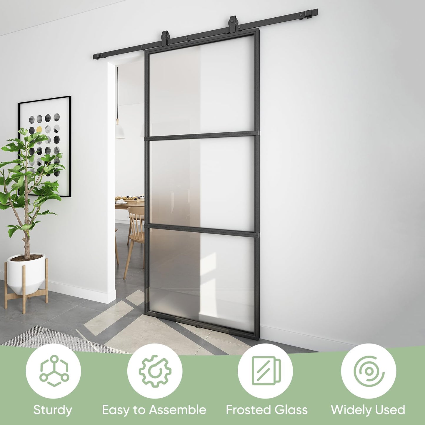 BARNSMITH 36in x 84in Frosted Glass Barn Door with 6FT Top Mounted Hardware kit Include Soft Close Mechanism Black Carbon Steel Tempered Frosted Glass Sliding Door, Assemble Required Easy Installation