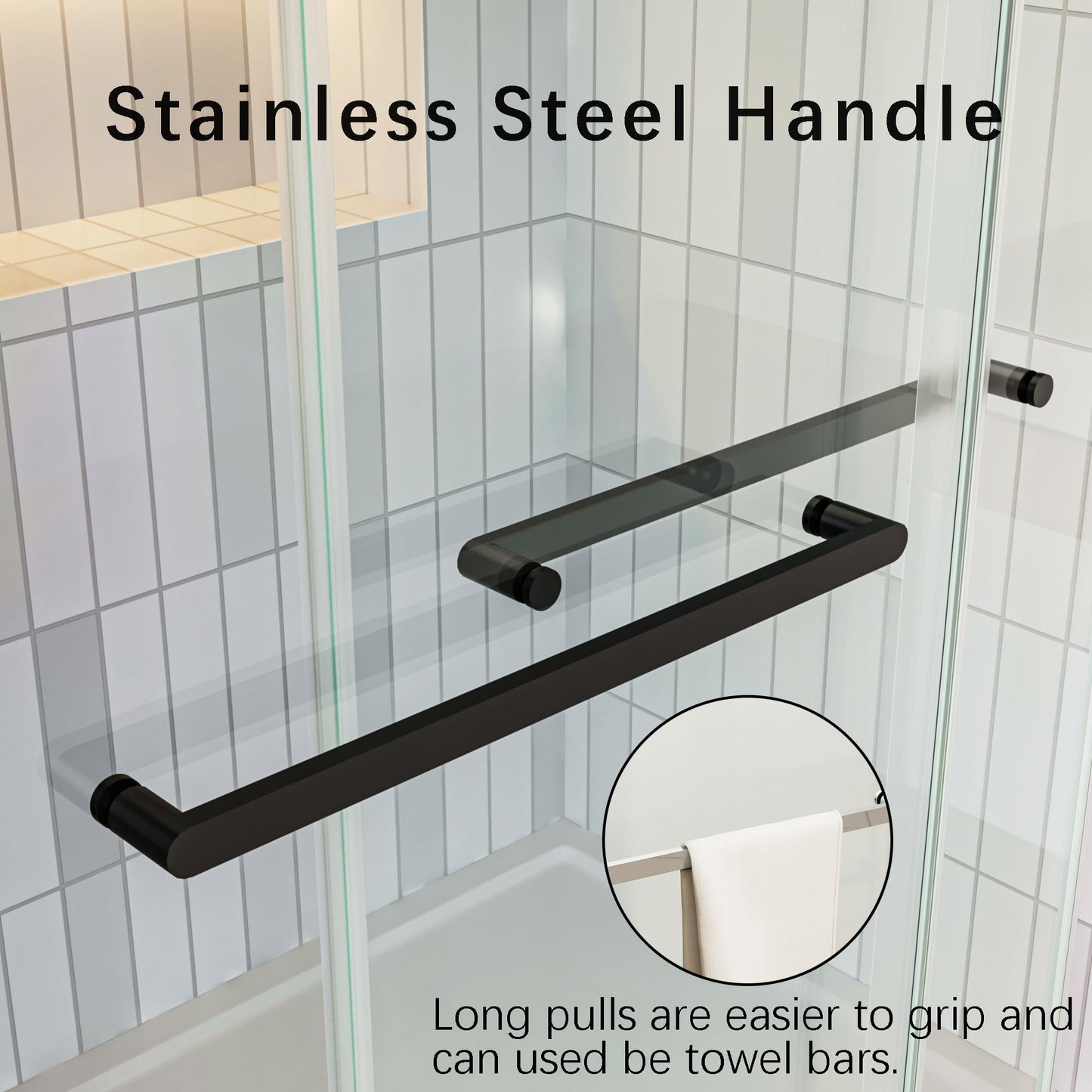 FEKEWIO Frameless Shower Doors 62-66" W x 76" H Double Sliding Soft Close 3/8"(10mm) Clear Tempered SGCC Shatterproof Glass Width Adjustable, DS13- Matte Black