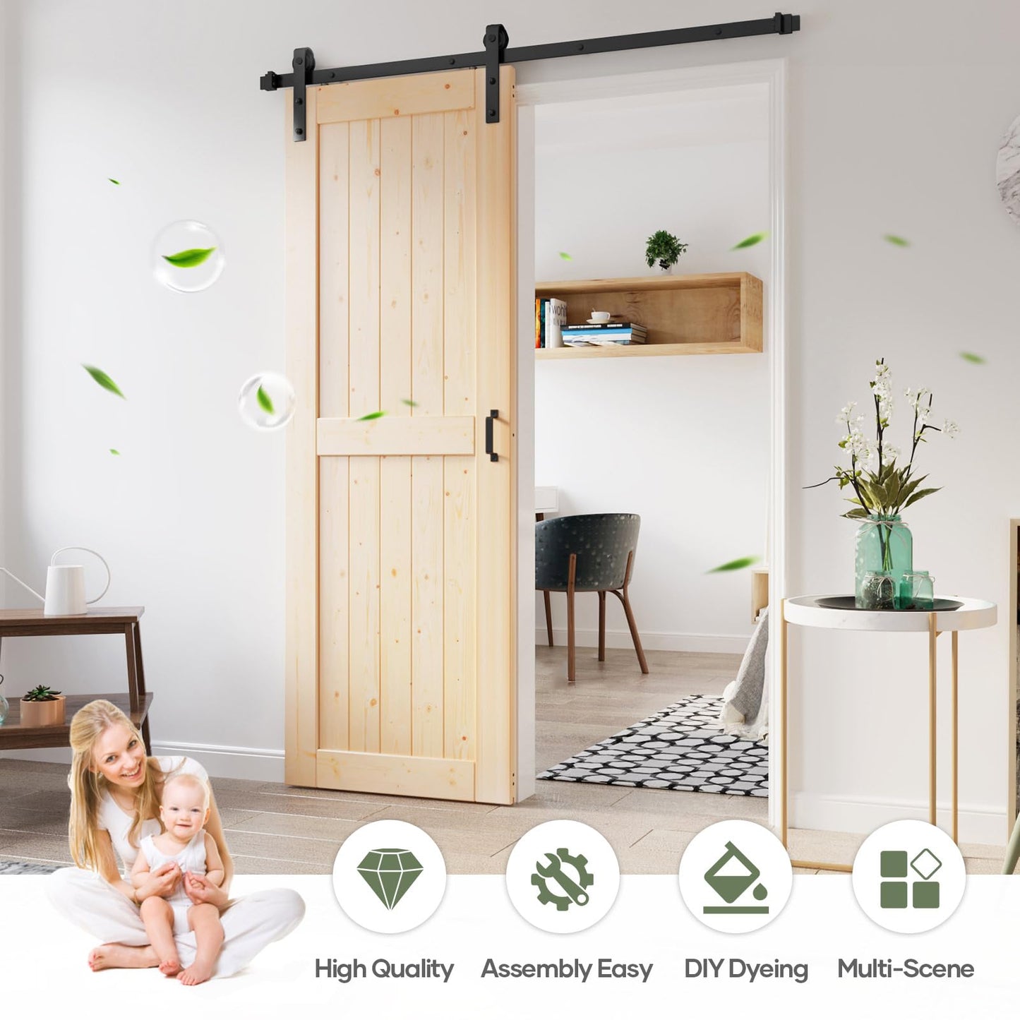 ROYMELO 30x84 inch Sliding Barn Wood Door Slab with 5ft Hardware Kit, Requires Simple DIY Assembly