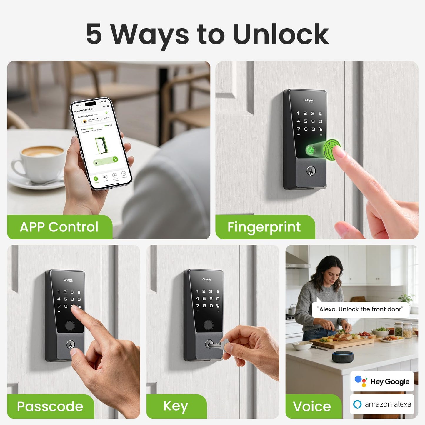 GHome Smart WiFi Deadbolt Locks for Front Door, 5-in-1 Fingerprint Keyless Entry Door Lock, Indoor Smart Lock for Home Hotel with 10000mAh Battery, Work with Alexa & Hey Google, App Control, Auto Lock