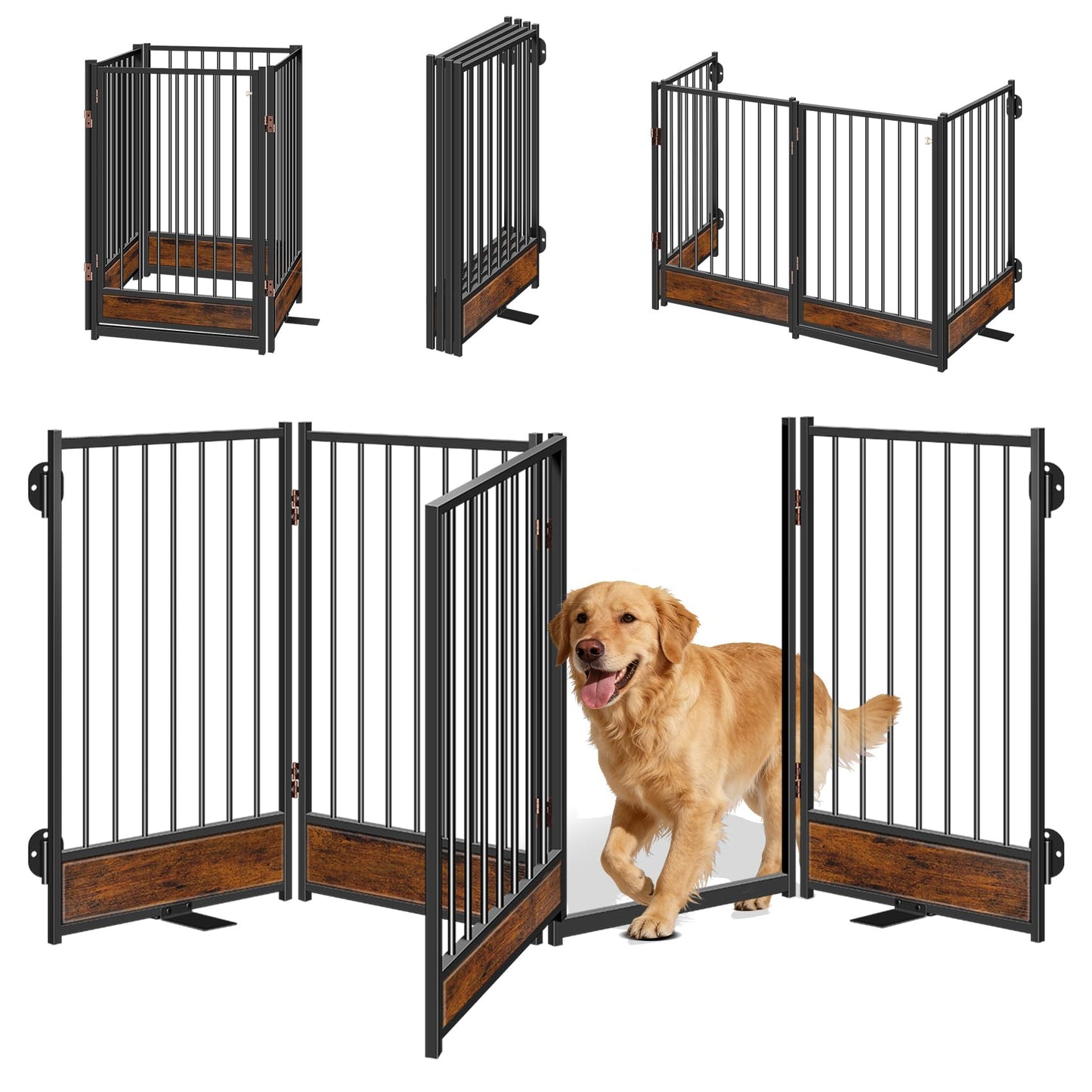 Freestanding Dog Gates with Door Metal Wood for Outdoor Indoor, 81'' Extra Wide 32'' Tall 4 Panels Free Standing Pet Gate for Doorways, Large Openings, Deck,Yard, Foldable Safety Dog Fence, Black