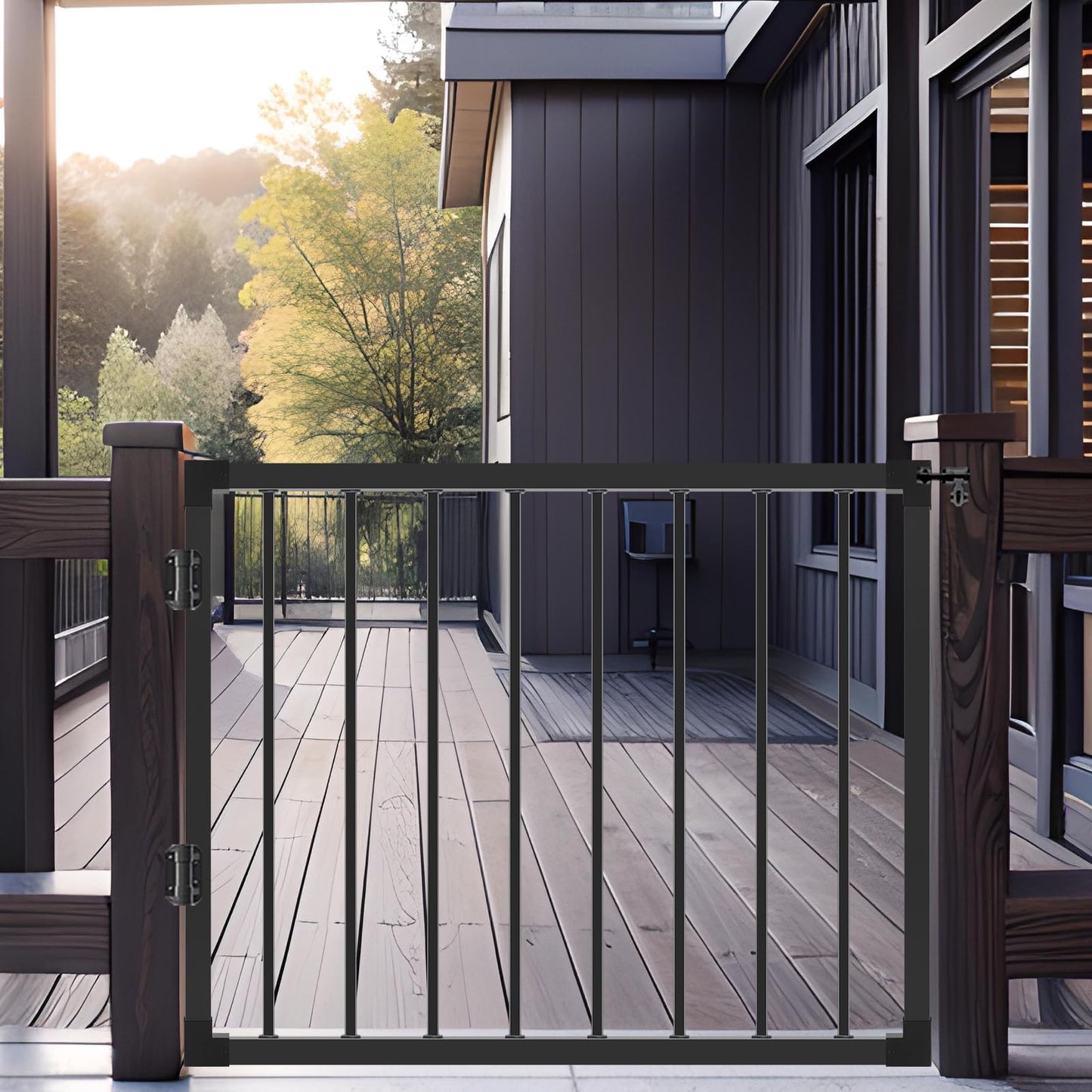 Deck Fence Gate Outdoor, 42‘'Hx48‘'W Deck Gate, Black Heavy Duty Steel Anti-Rust Door with Customizable Width, Metal Gate for Residential, Yard, Patio(No Hinge)