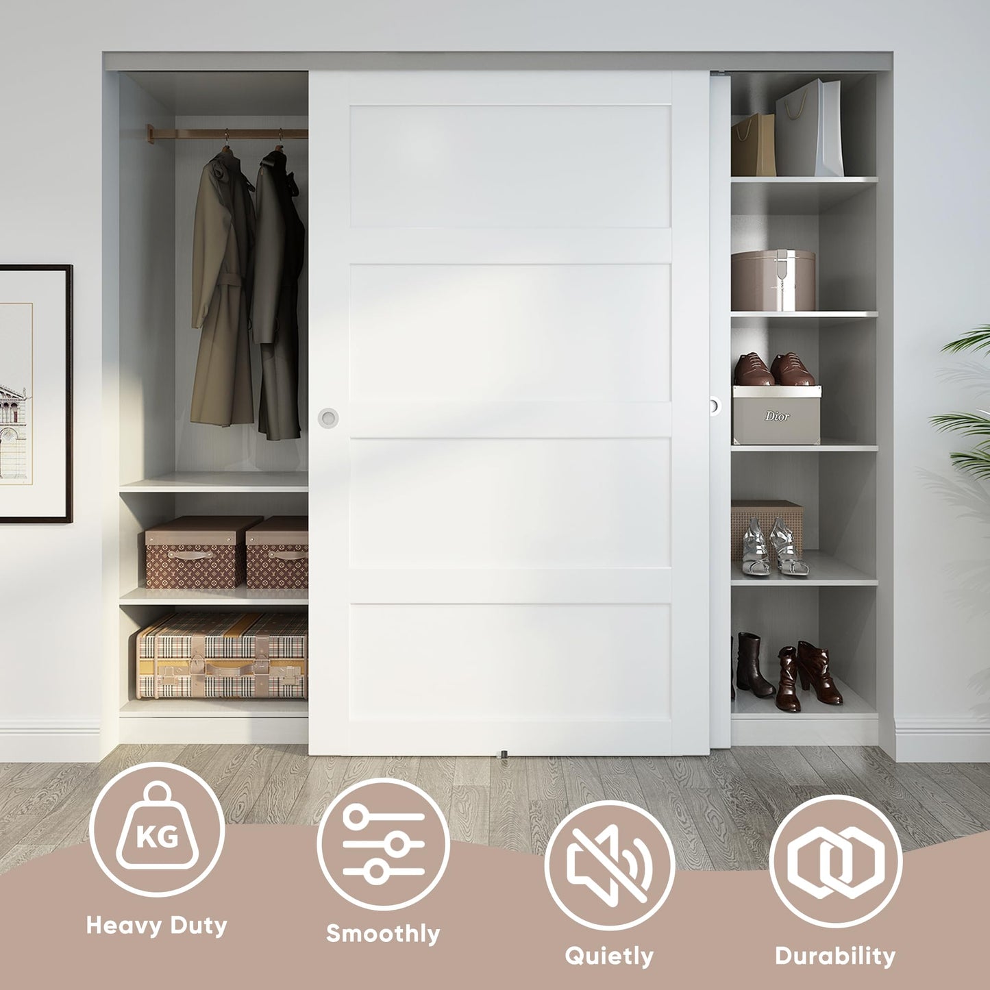 JUBEST Bypass Door Hardware 96", Aluminum Sliding Closet Door Hardware Set with Finger Pull Included, Smoothly and Quietly, for 2 Door System, Fit Door Thickness 1 3/8" or 1 3/4", Easy to Install
