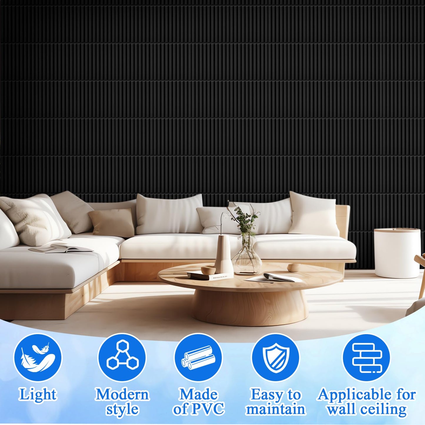 Nuanchu 32 Pcs 3D Wall Panels for Interior Wall Decor, 12''x12'' Fluted Textured Black Accent Tiles Waterproof Paintable for Living Room TV Background Bedroom Bathroom Gaming Room, 32 Sq. ft Coverage