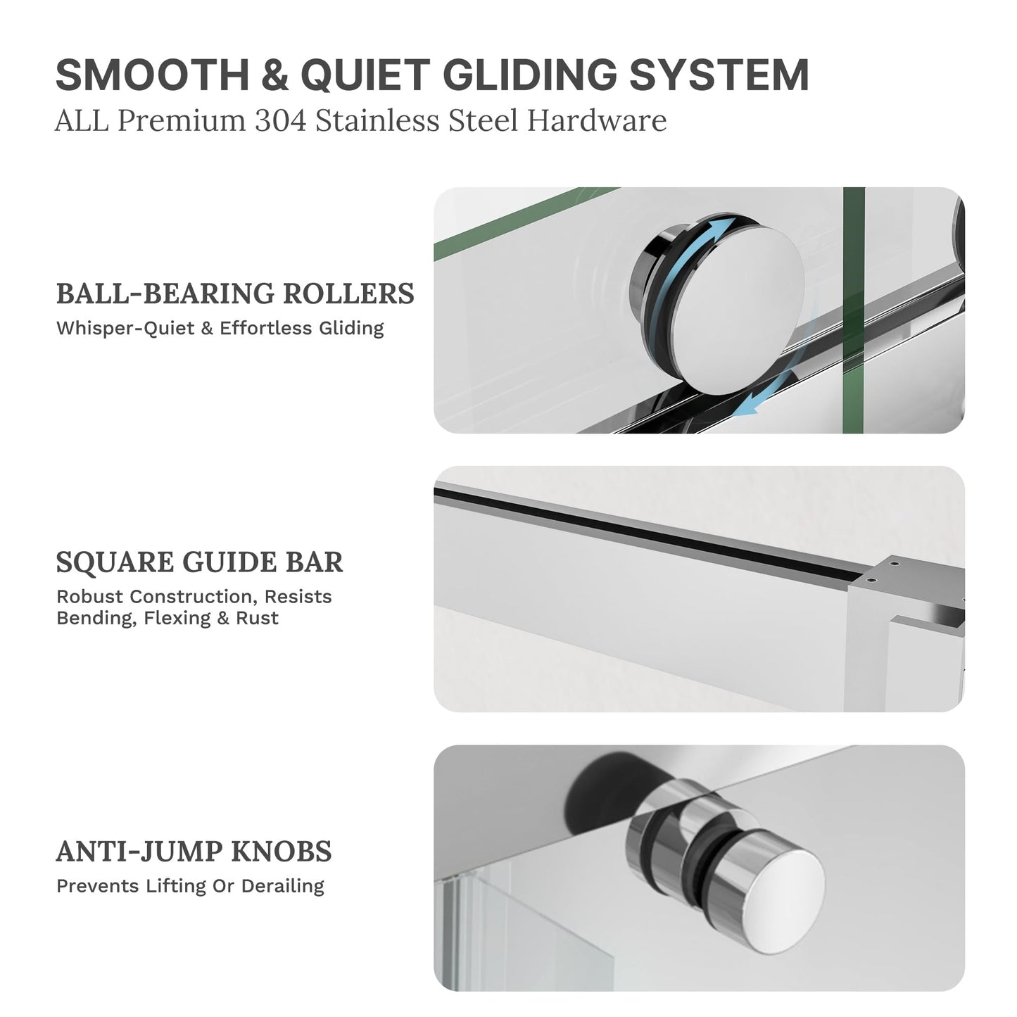 Frameless Double Sliding Shower Door, 44-48" W x 76" H, 3/8" (10mm) SGCC Certified Clear Tempered Glass, Width Adjustable, Double Towel Bars, Square Guide Bar, Stainless Steel Hardware, Chrome