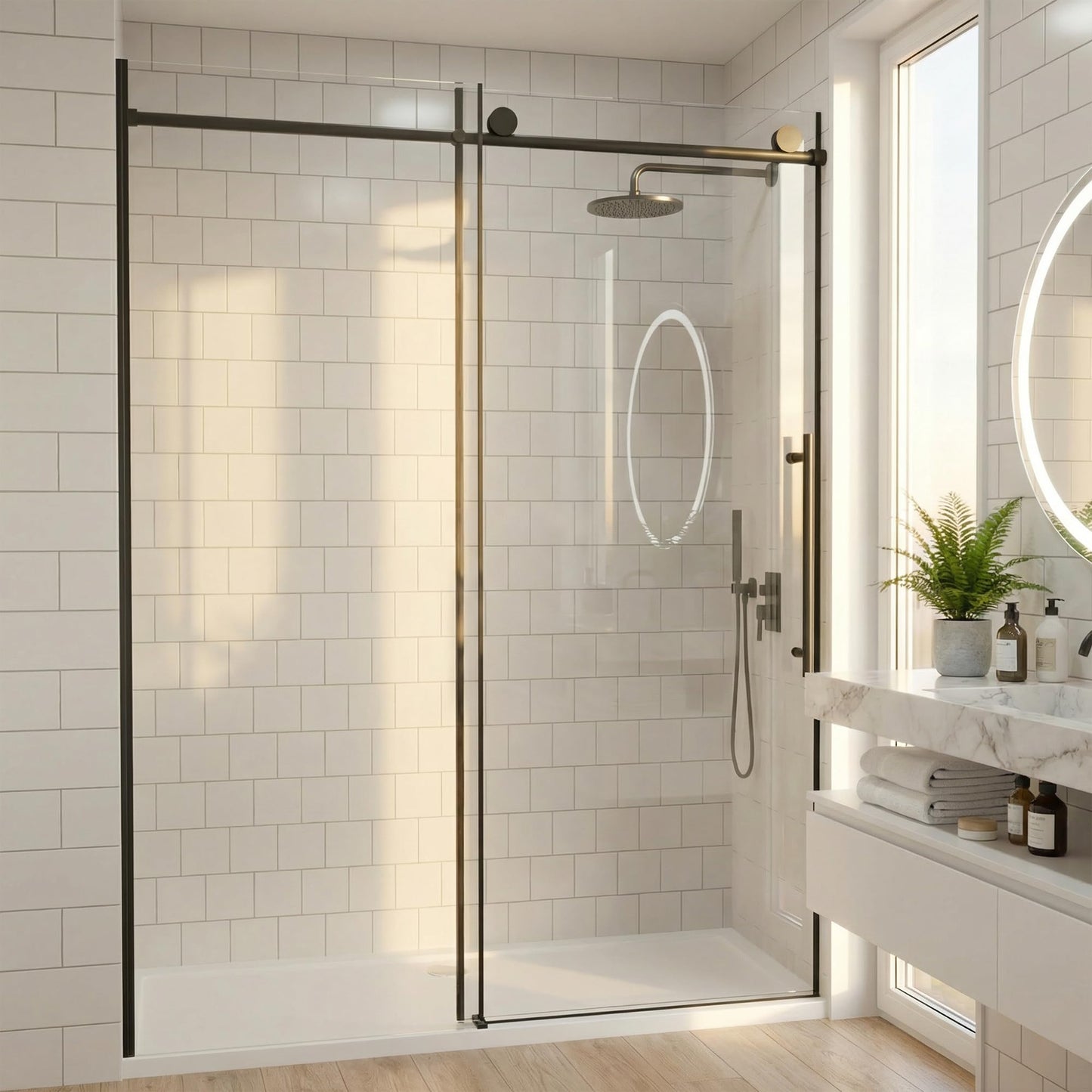 60" W x 73" H Single Sliding Glass Shower Door, Frameless Water Repellent Bypasss Walk-in Bathroom Door, 5/16" (8mm) SGCC Tempered with Explosion-Proof Film, Nano Coating, Matte Black Finish