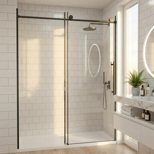 60" W x 73" H Single Sliding Glass Shower Door, Frameless Water Repellent Bypasss Walk-in Bathroom Door, 5/16" (8mm) SGCC Tempered with Explosion-Proof Film, Nano Coating, Matte Black Finish