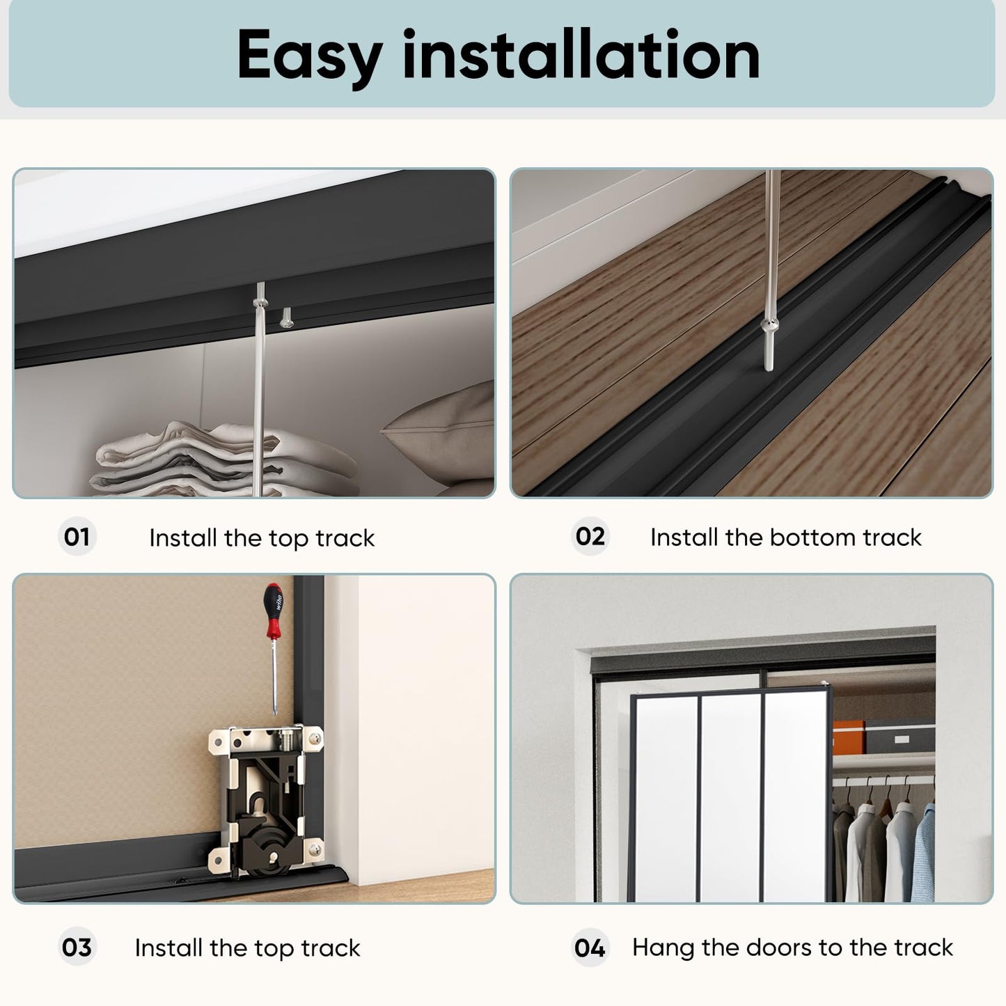 JUBEST Sliding Closet Door 60 x 80", Black Farmhouse Sliding Door with Top & Bottom Track Kits, Preassembled Frosted Glass Bypass Closet Door, Easy to Install