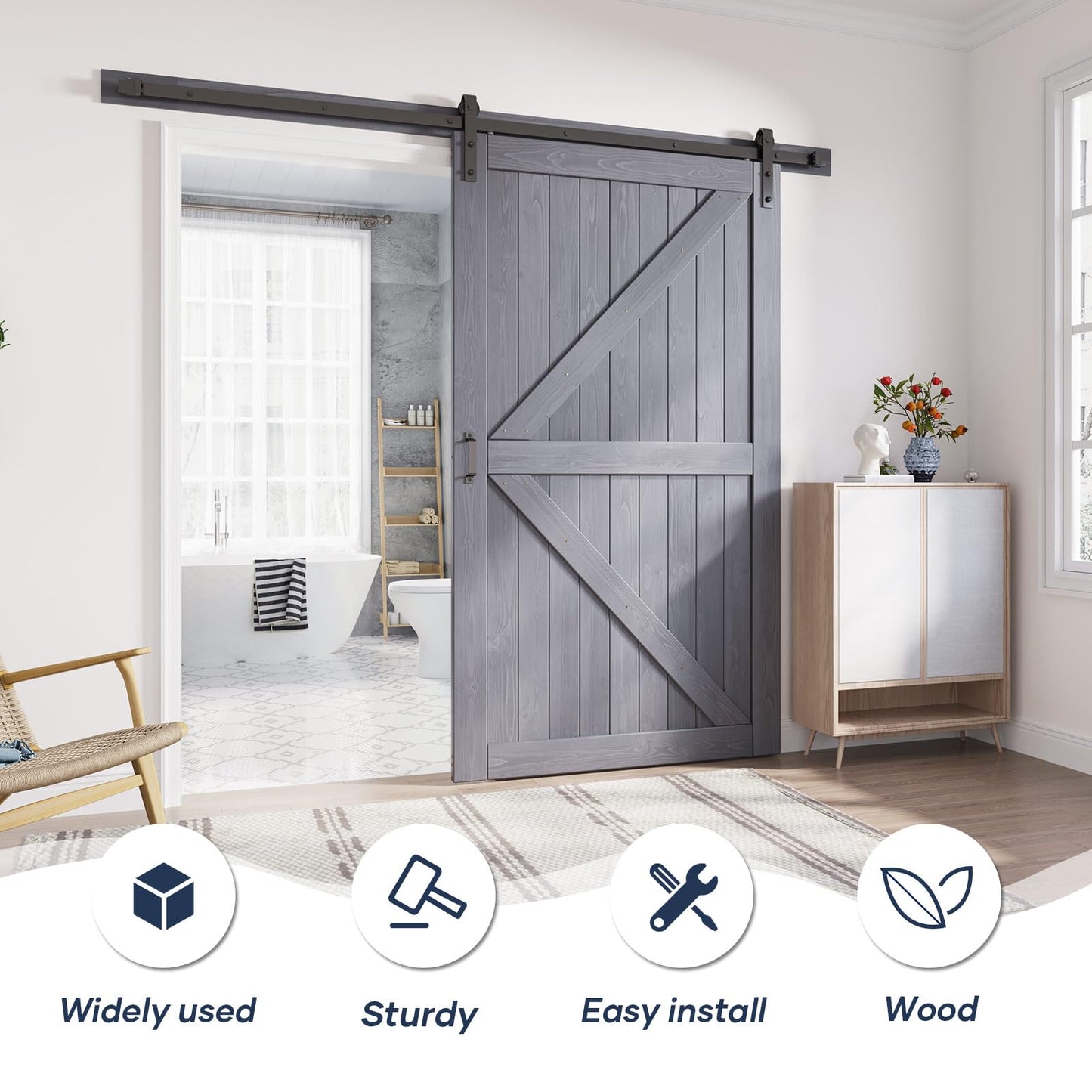 FREDBECK 48in x 84in Gray Wood Barn Door Slab with 8ft (96inch) Barn Door Hardware Track Kit Included, Double Surfaces,Simple Assembly is Required,K-Frame,Grey