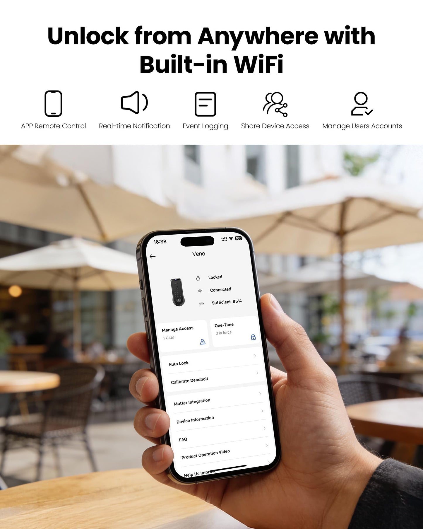 Lockin Veno Palm Vein Smart Lock with Built-in Wi-Fi, 7-Month Battery, Matter Compatible, Palm Vein & Fingerprint Unlock, Keyless Entry, App Control, Auto-Lock, PIN Code, ANSI Grade 2, IP65 Waterproof