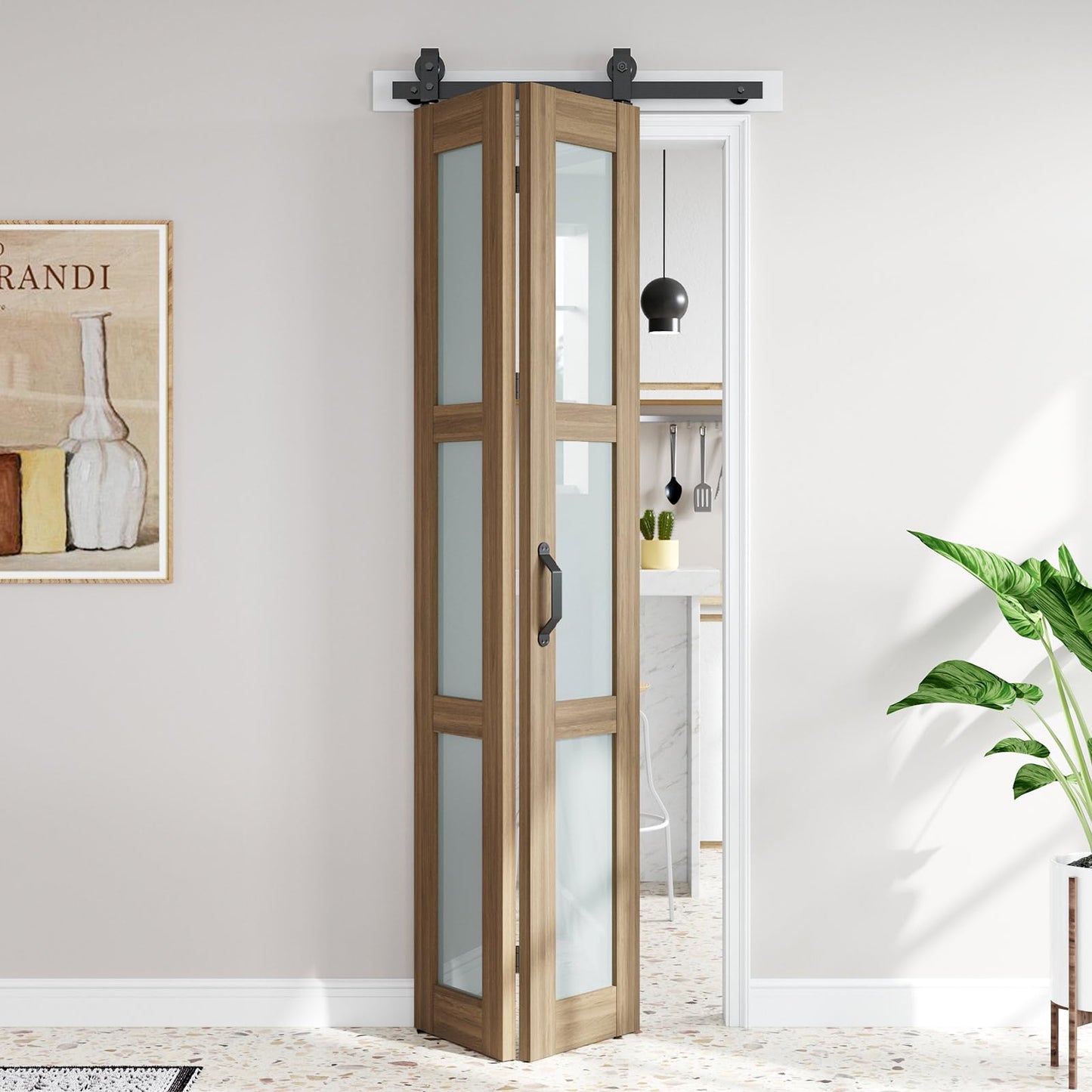 FREDBECK Bifold Barn Doors 30X84 (Double 15x84) with Frosted Glass and Hardware Kit Included, Brown,for Bedroom,Bathroom,Assembly Required