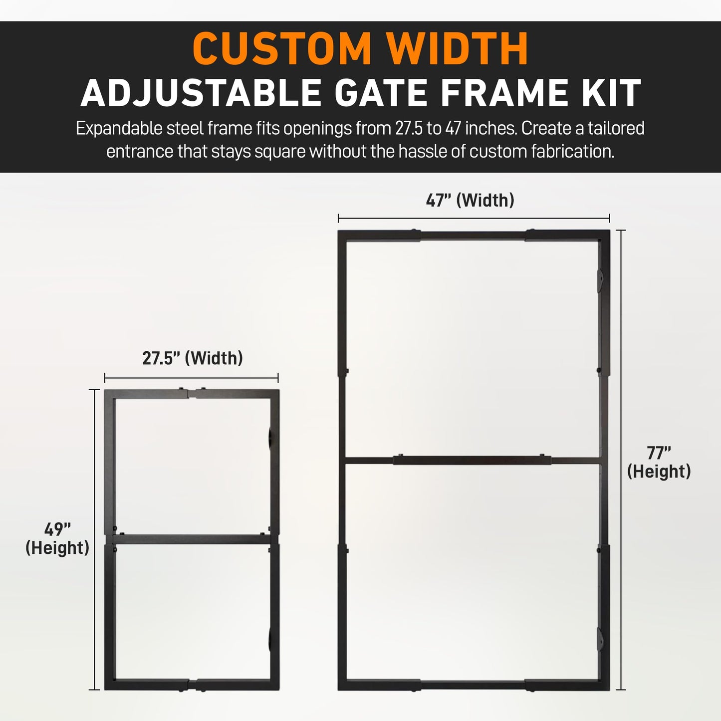 GateMate Adjustable Steel Gate Frame Kit – Black Heavy-Duty Powder-Coated Garden & Driveway Gate Frame, Fits 28–48" inch Width & 50–77" inch Height, Fixings Included
