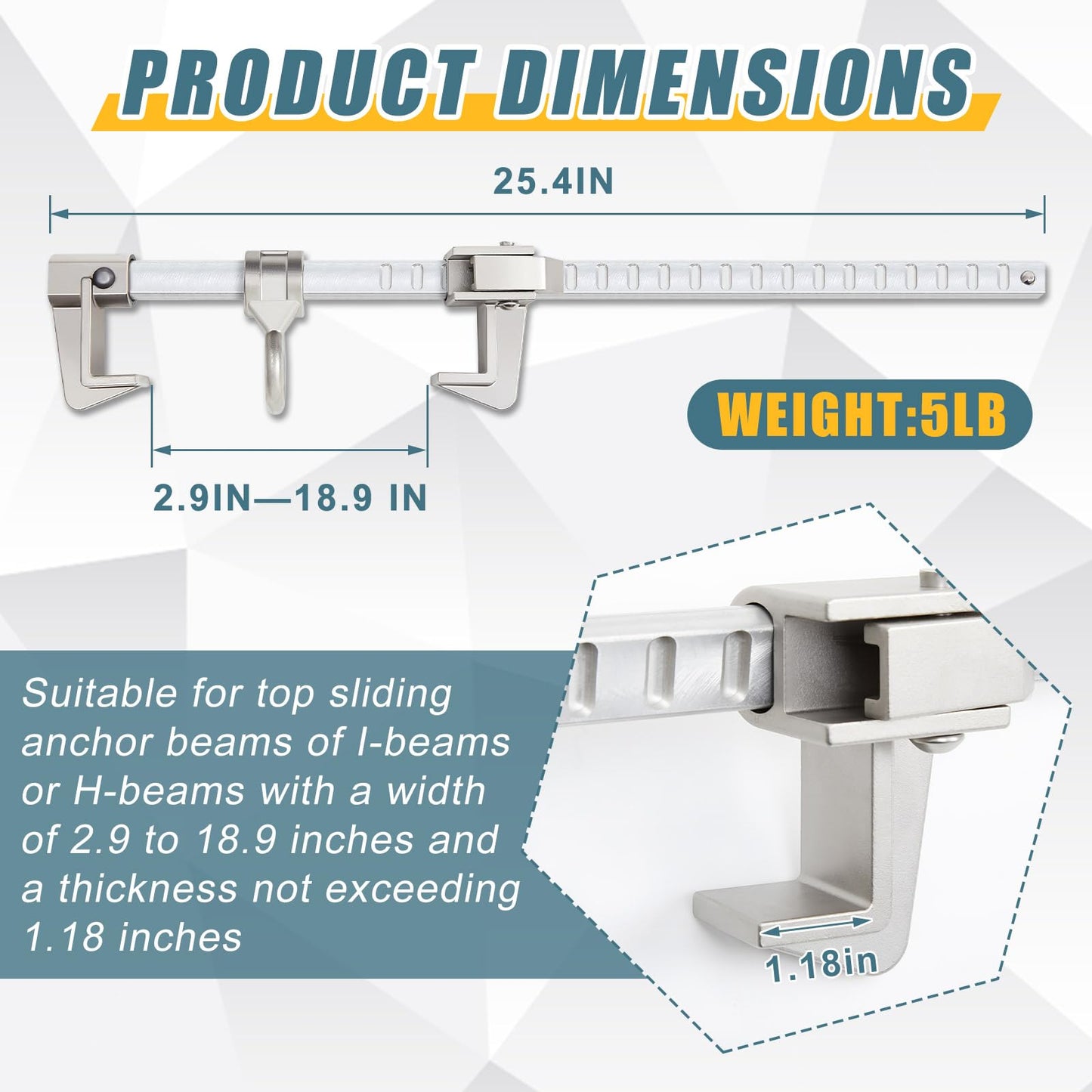 Zonon Steel-aluminum Sliding Horizontal Beam Anchor, Fall Protection Adjustable Beam Anchor Suitable for 2.9 to 18.9 Inch I-beams or H-beams with a Thickness up to 1.18 Inches