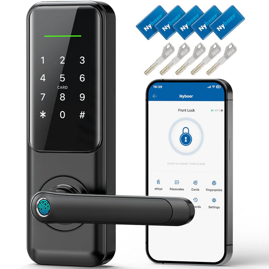 Fingerprint Smart Door Lock with Handle: Keyless Entry Keypad Lock for Front Door, Nyboer Electronic Digital Lock, Lockset Replacement for Exterior Doors