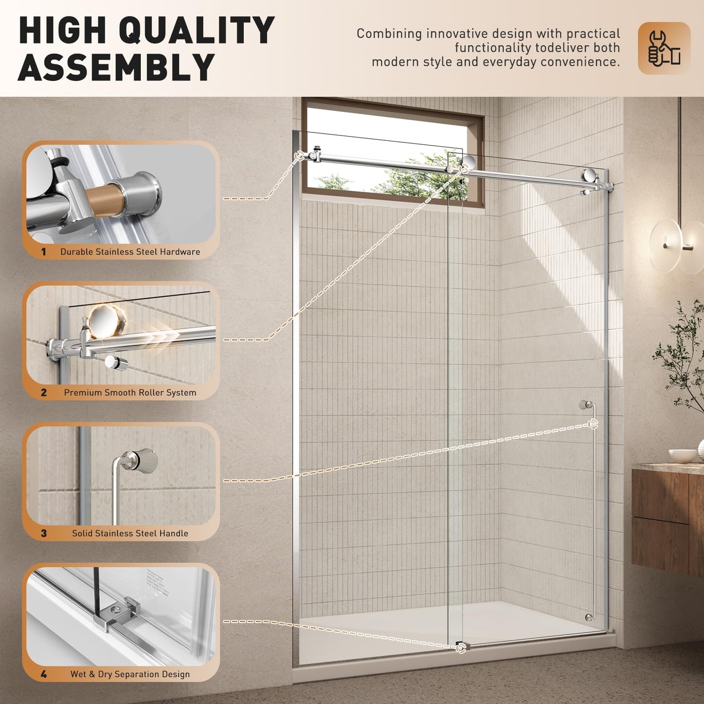 CONDRIS Prime Frameless 60‘’x78’’ Reversible Sliding Shower Door 3/10" (8mm) Thick Tempered Clear Glass with Explosion-Proof Film Nano Coating Stainless Steel Hardware Chromed/Matte Black (Chromed)