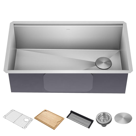 KRAUS Kore 32-Inch Undermount Workstation 16 Gauge Single Bowl Stainless Steel Kitchen Sink with Accessories, KWU110-32