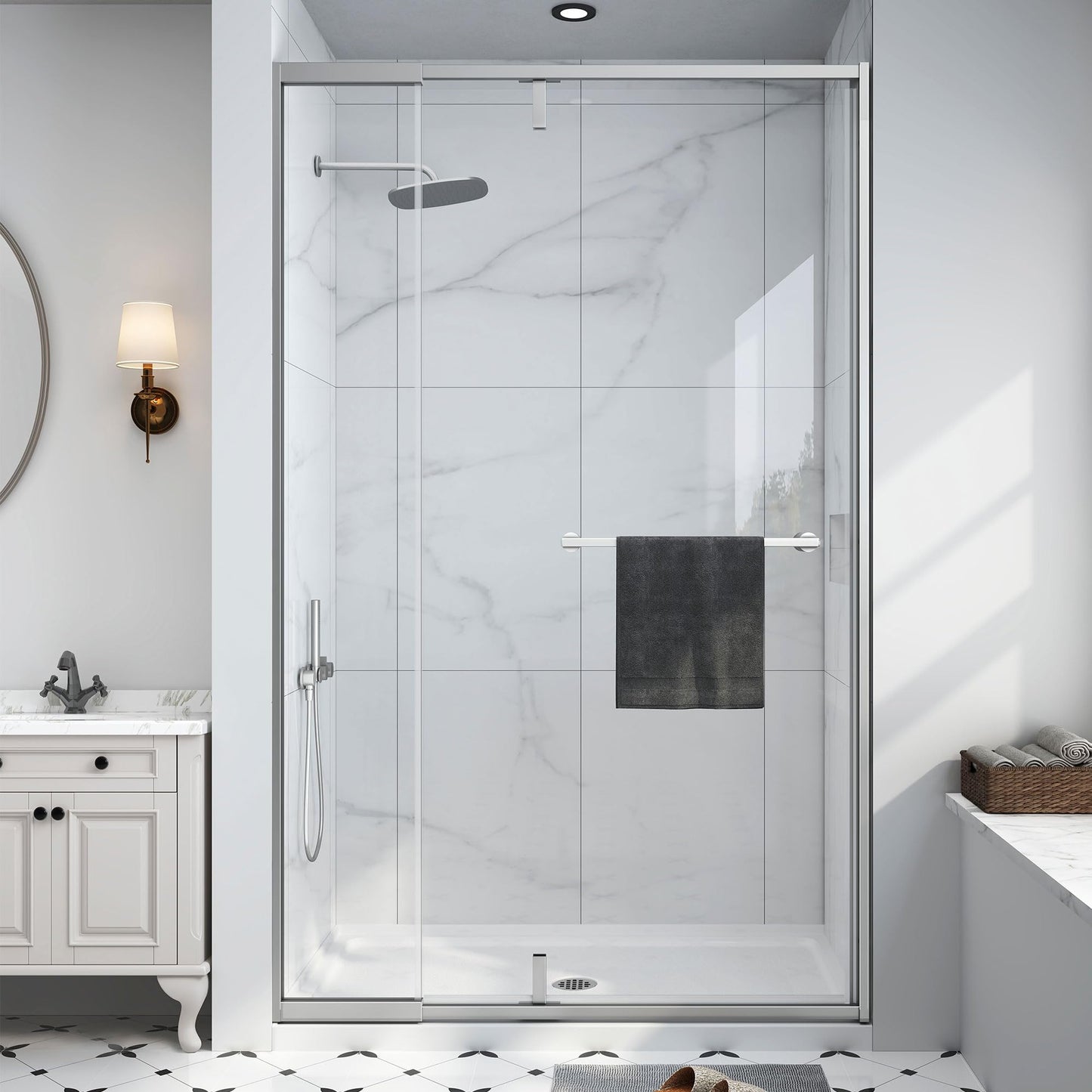 EASYWORC Semi Frameless Pivot Shower Door 42-48" W x 72" H, Swing Shower Glass Doors with Nano Explosion-Proof Film Tempered Glass 1/4"(6mm) Reversible Installtion, Brushed Nickel Finish