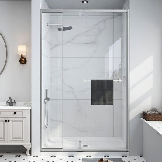 EASYWORC Semi Frameless Pivot Shower Door 42-48" W x 72" H, Swing Shower Glass Doors with Nano Explosion-Proof Film Tempered Glass 1/4"(6mm) Reversible Installtion, Brushed Nickel Finish