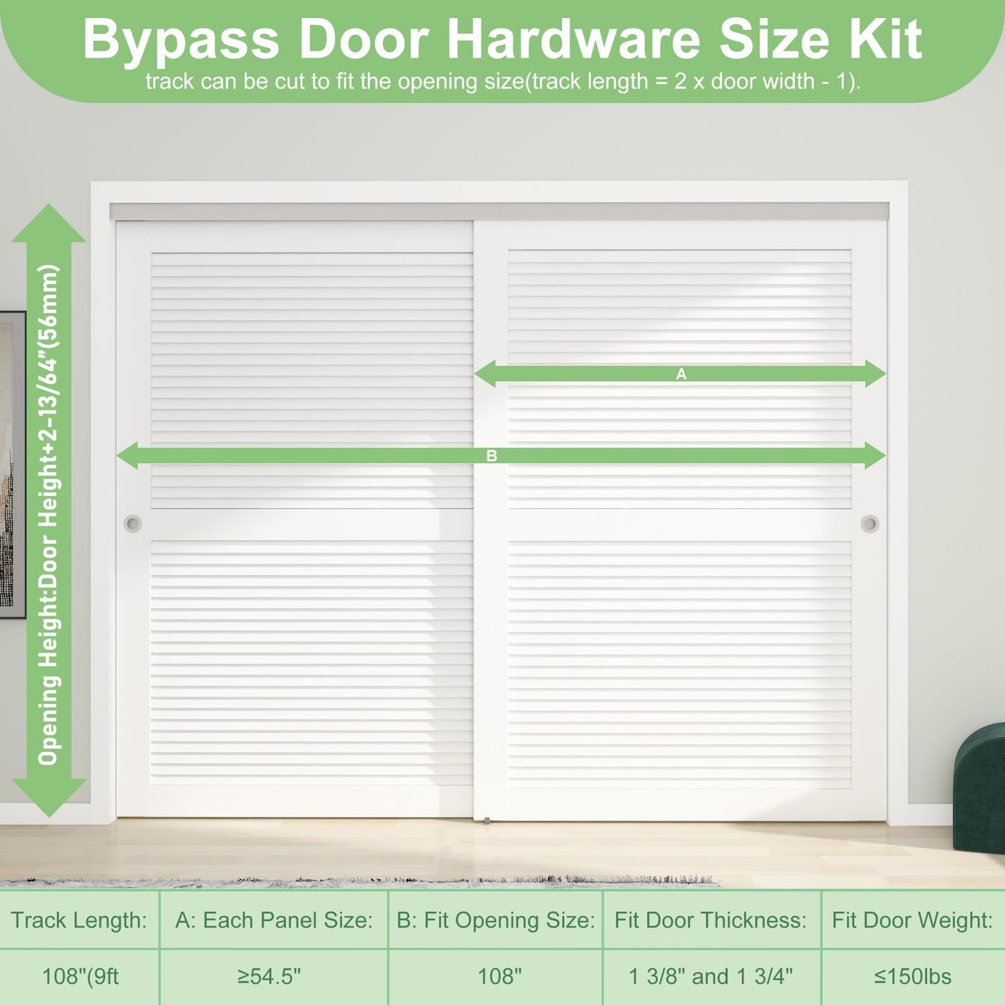 BarnBase 9FT/108(Double 4.5FT) Bypass Door Hardware, Aluminum Double-Closing Sliding Closet Door Hardware with Finger Pull Included, Smoothly and Quietly, Fit Door Thickness 1 3/8" or 1 3/4", Silver