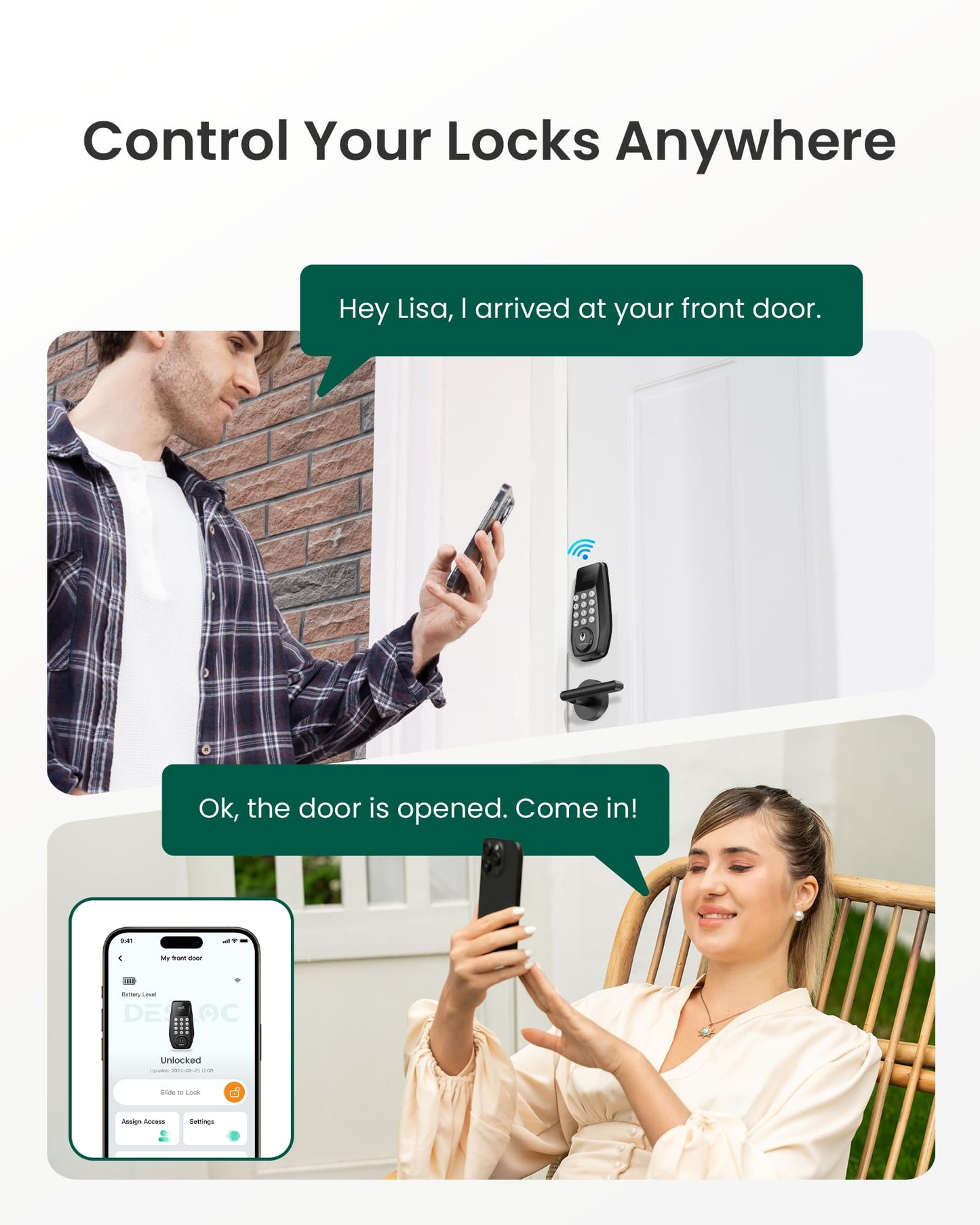 DESLOC C100 Plus Built-in WiFi Smart Lock with Handle Set, Built-in WiFi Keyless Entry Door Lock with Display, Keypad Deadbolt & Matching Lever Handle for Front Door, App Remote Control - Black