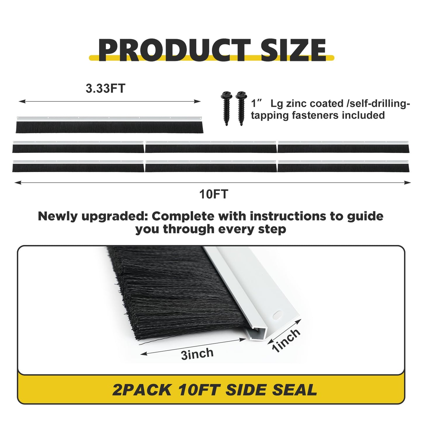 DoubleFill 3" Roll up Garage Brush Seal for Side, 2 Pack 10ft Long Heavy Duty Garage Door Seal Nylon Brush with Aluminum Track No-Drill 45deg Holder for Commercial, Corrugated, Sliding Barn