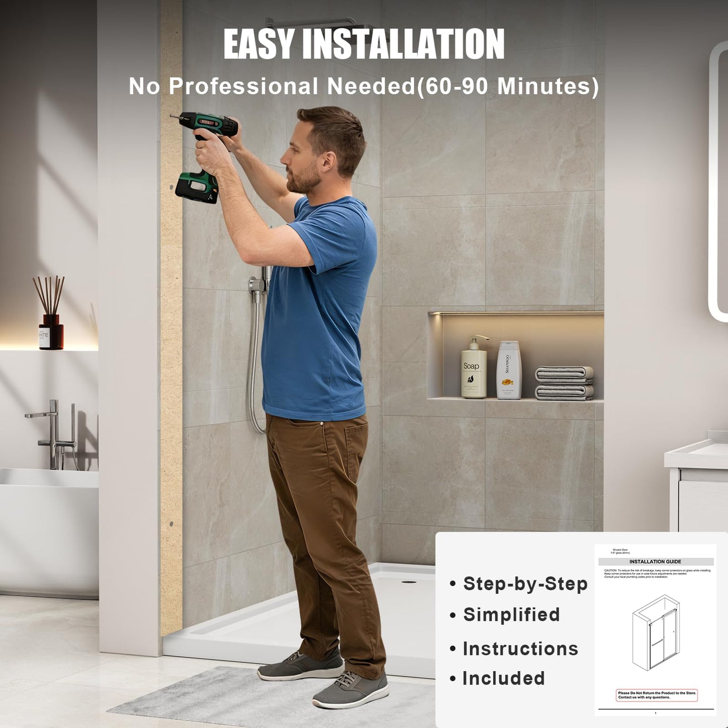 Frameless Stainless Steel Sliding Shower Door, 56-60" W x 72" H - 1/4” (6mm) Thick Tempered Glass Rust-Proof Glass Shower Door with Dual Tracks in Brushed Nickel
