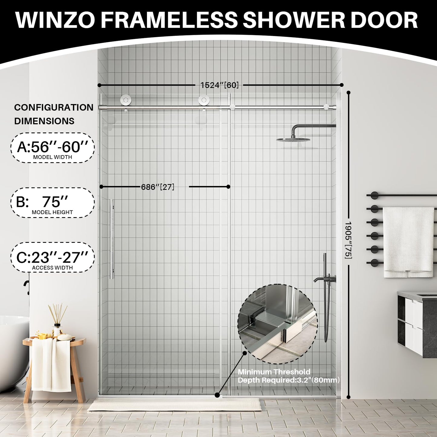 WinZo Frameless Shower Door 56-60 in W x 75 in H, Sliding Shower Door with 5/16"(8mm) Clear Tempered Glass Shower Door, Easy to Clean Bathroom, Silent Soft-Close Design, Brushed Nickel