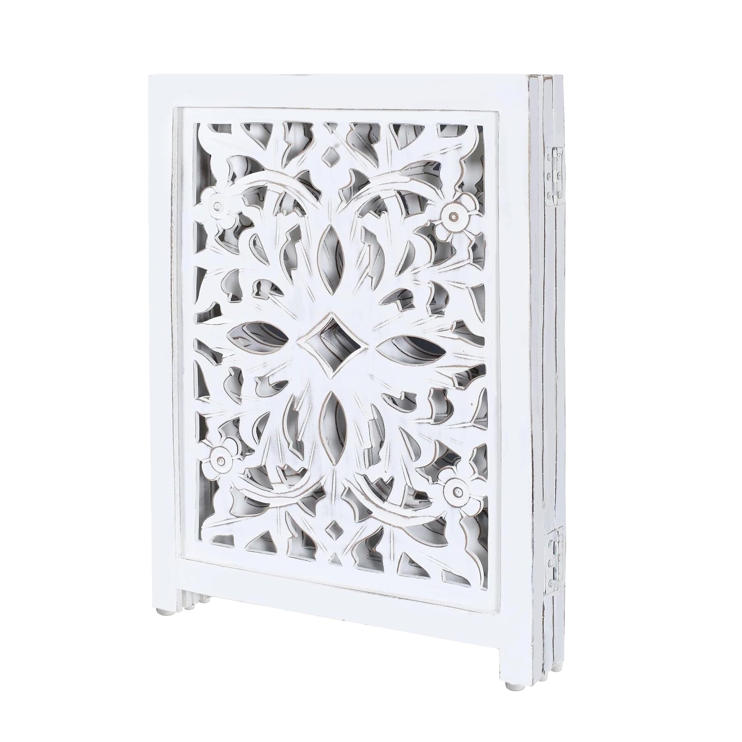 Lightnpro Foldable Carved Wooden Dog Gate - Freestanding 3-Panel Pet Barrier for Dogs - Decorative Walk-Over Fence for Stairs, Doorways & Hallways - Portable & Adjustable - Antique White (24x18 Inch)