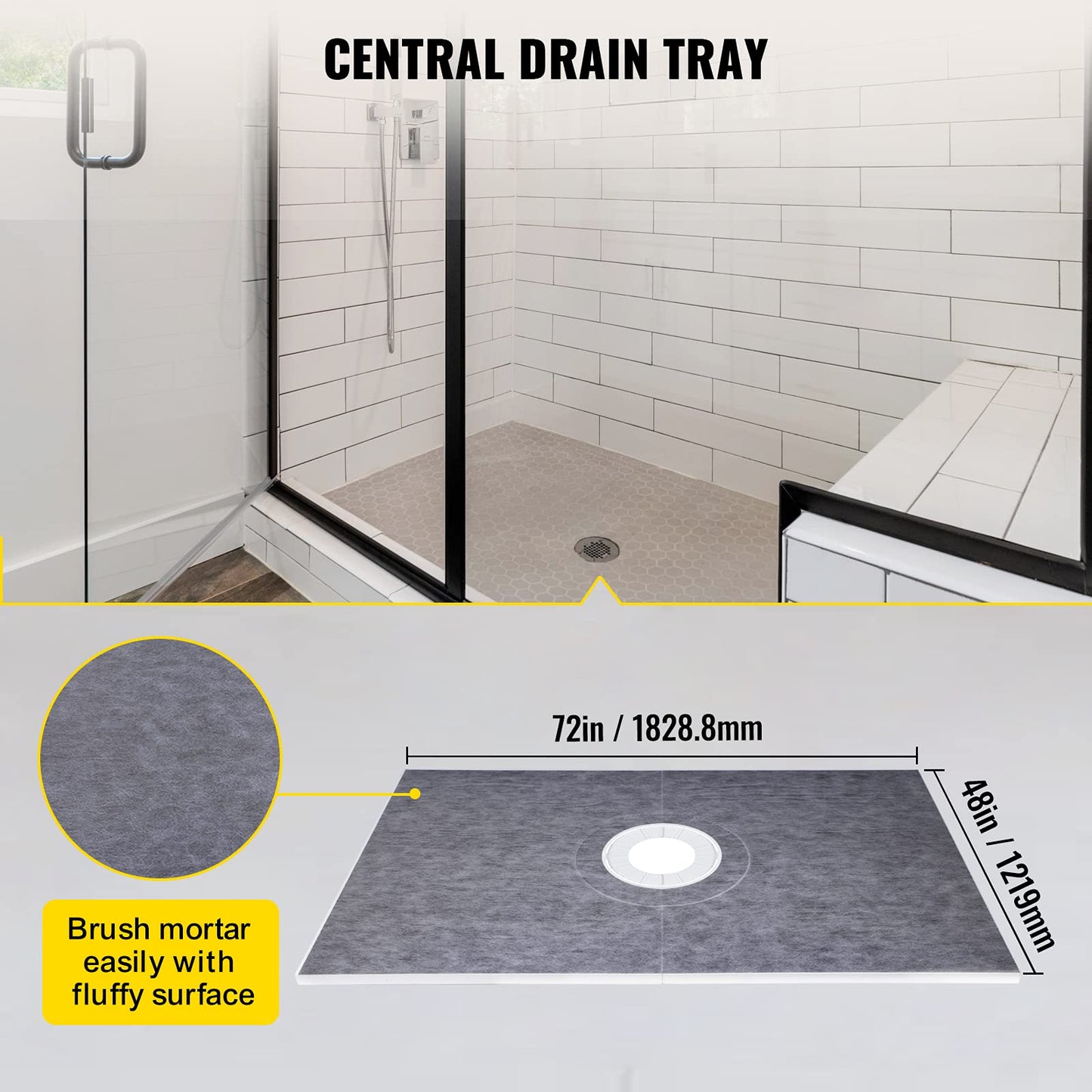 VEVOR Shower Curb Kit, 48"x72" Watertight Shower Curb Overlay with 4" PVC Central Bonding Flange, 4" Stainless Steel Grate, 2 Cuttable Shower Curb and Trowel, Shower Pan Slope Sticks Fit for Bathroom
