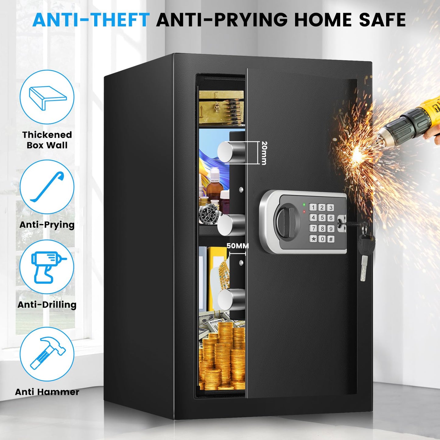 [19.7" Tall] Safe Box, 3.5 Cuft Home Safes with Fireproof Waterproof Bag, Security Digital Safe for Home with Programmable Keypad Keys, Smart Alert, Mute Mode, Anti-theft Document Safe for Valuables