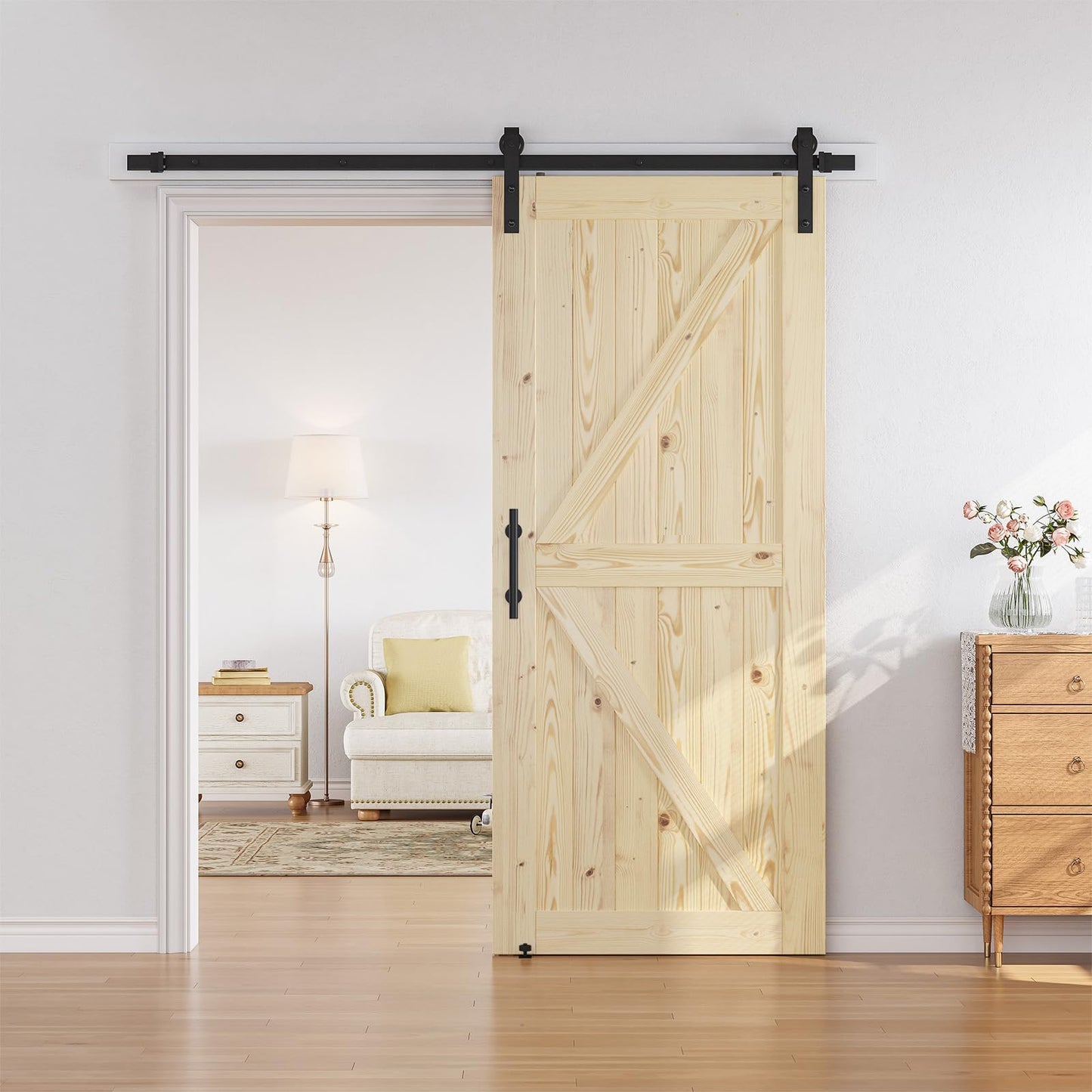 SMARTSTANDARD 36in x 84in Sliding Barn Door with 6.6ft Barn Door Hardware Kit Included, Unfinished Solid Spruce Wood Door, Assembly Required, DIY, Stainable, Natural