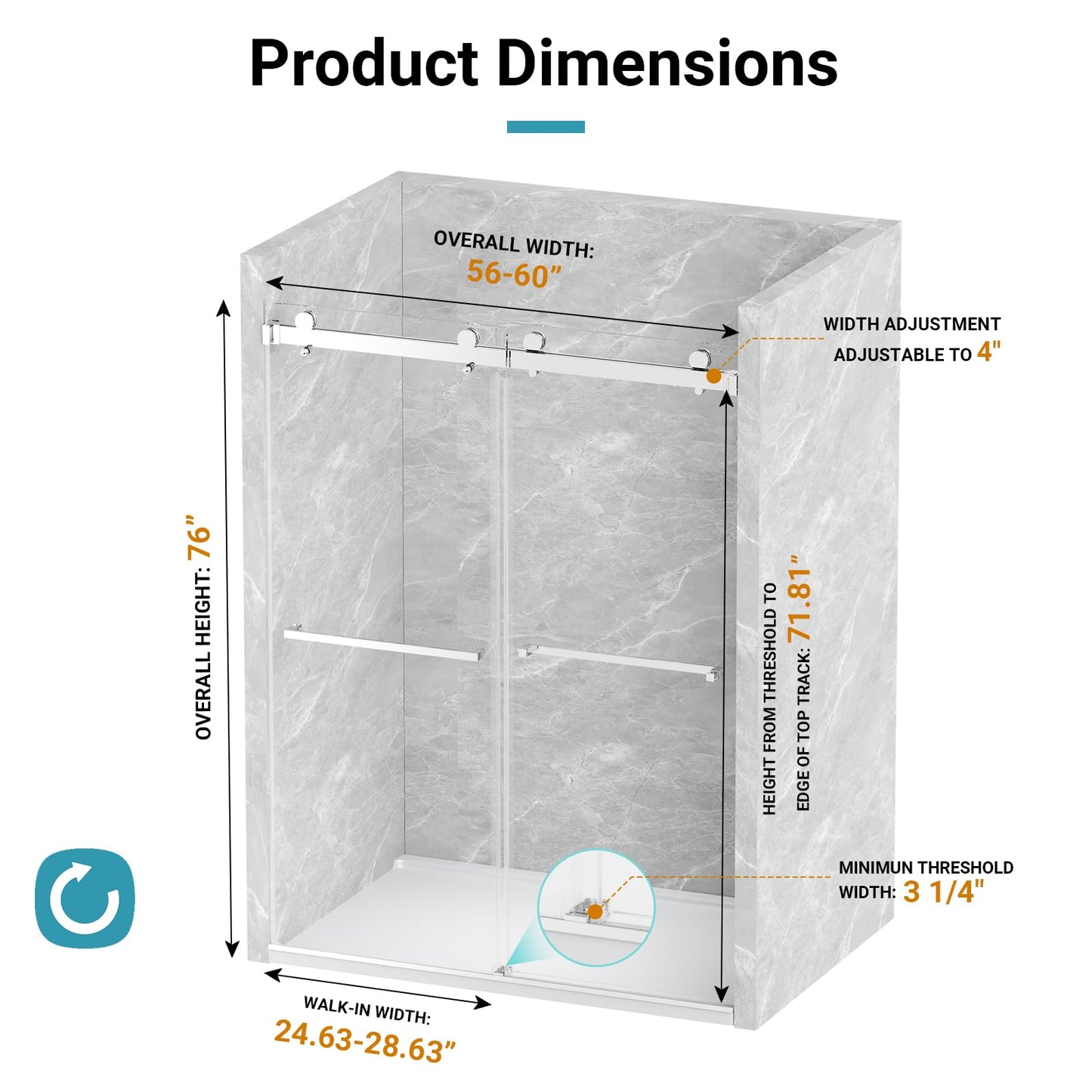 56"-60" W x 76" H Frameless Shower Door, 3/8" (10mm) ANSI Certified Tempered Glass, Double Sliding Bypass, Stainless Steel, Chrome