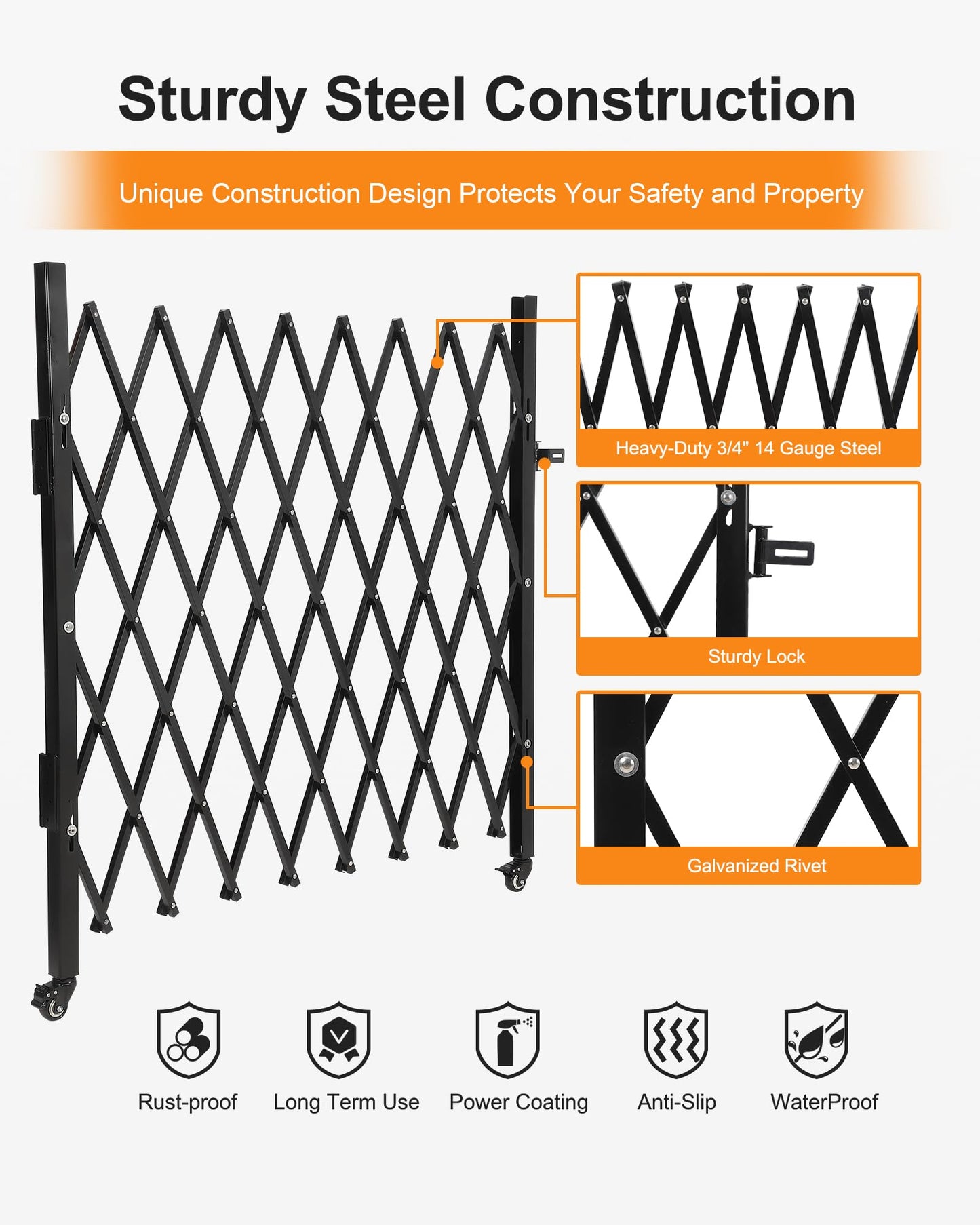 Single Folding Security Gate, 85" H x 85" W Flexible Expanding Security Gate, Folding Driveway Door Gate, Aluminum Security Gate, 360°Rolling Barricade Gate, Scissor Gate or Door, Black