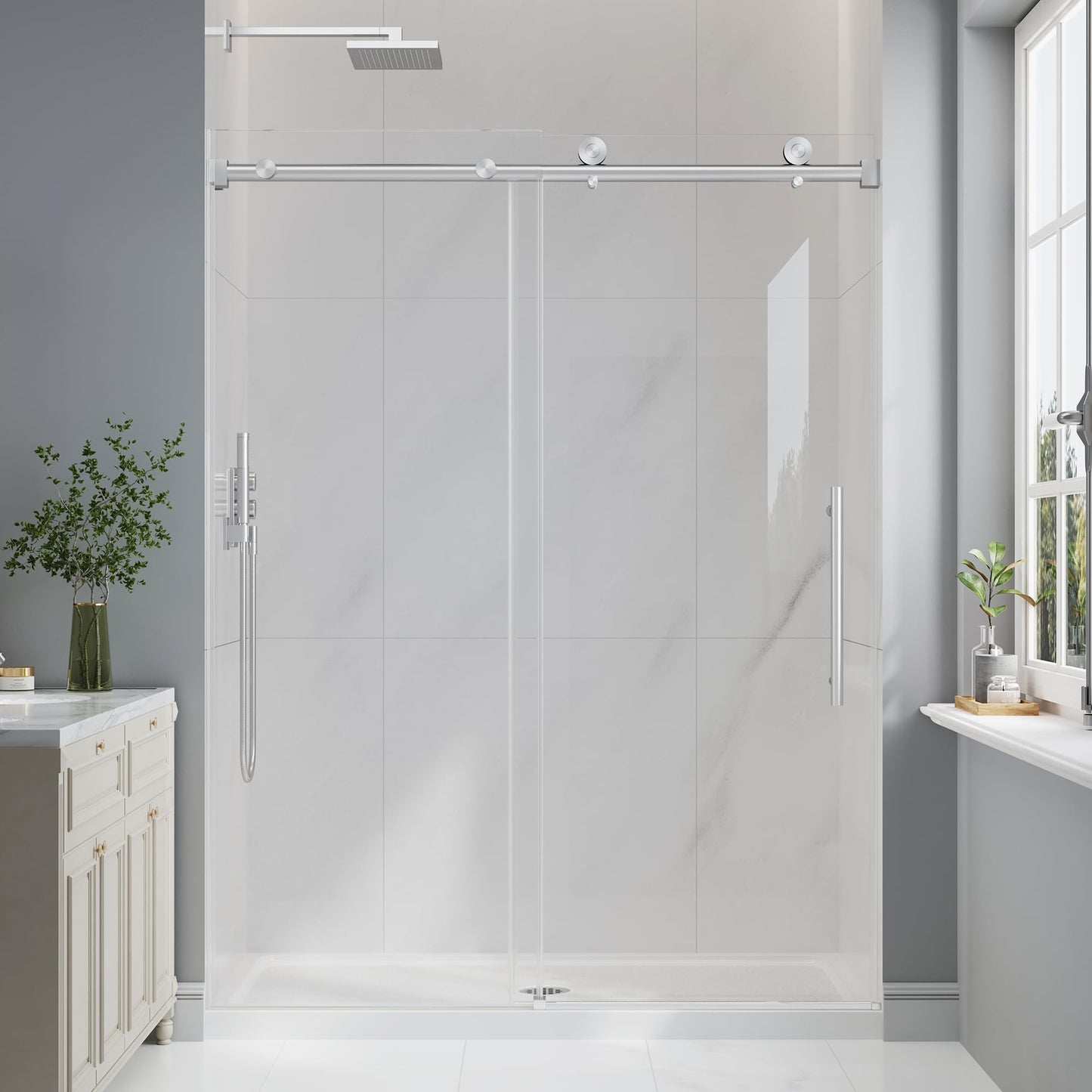 EASYWORC Frameless Glass Shower Door, 43-48" W x 76" H Sliding Frameless Shower Door, 1/4''(6mm) SGCC Tempered Glass, Explosion-Proof Film Nano Coating, Stainless Steel Hardware, Brushed Nickel