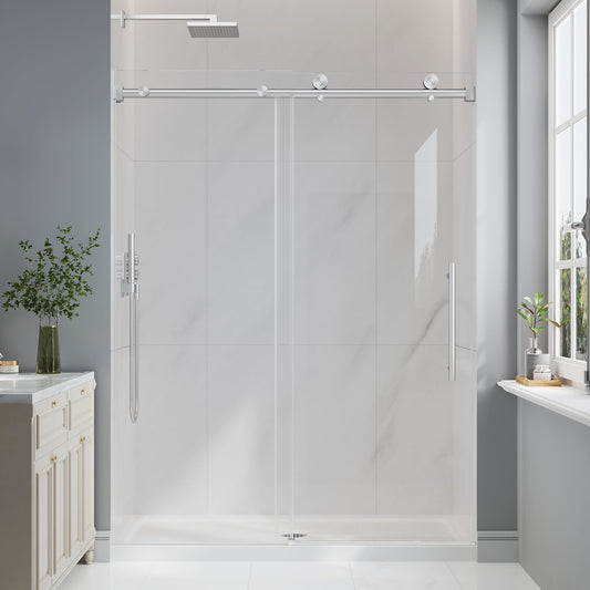 EASYWORC Frameless Glass Shower Door, 43-48" W x 76" H Sliding Frameless Shower Door, 1/4''(6mm) SGCC Tempered Glass, Explosion-Proof Film Nano Coating, Stainless Steel Hardware, Brushed Nickel