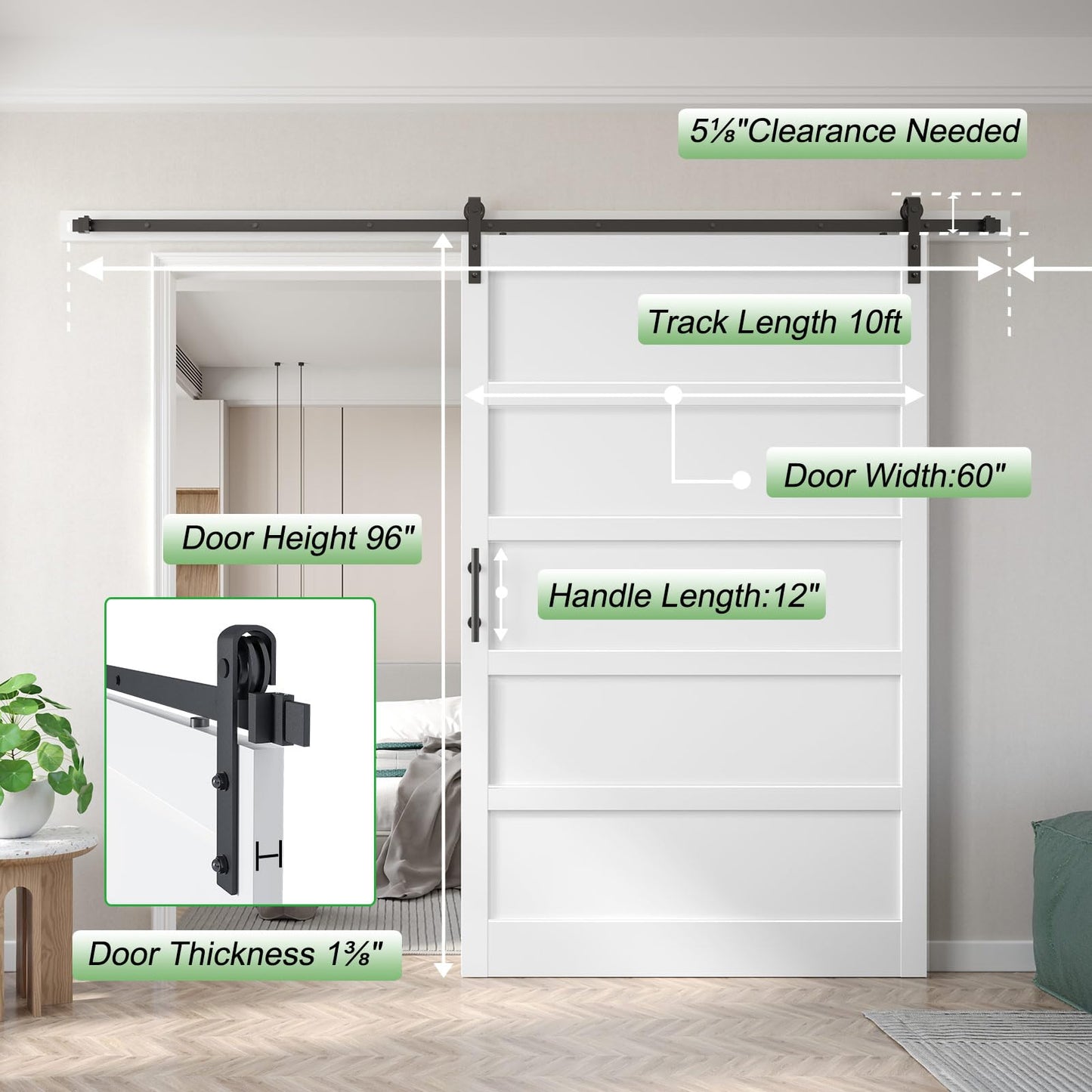 Fredbeck 60x96 Inch White Sliding Barn Door Slab with 10ft Hardware Kit Included, 5-Panel,White Doors for Bedroom