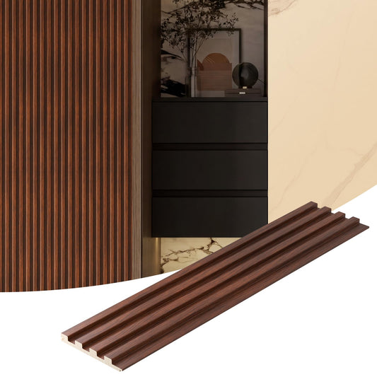 VESLARA Slat Wood Panel 4pcs Wall Panels with 2pcs End Trims 108’’ x 5.7’’ Wood Wall Panel for Interior Wall Decor Bedroom Living Room TV Background Walnut
