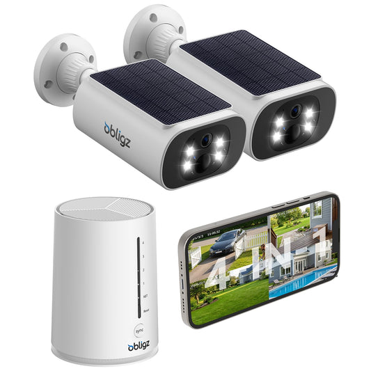 obligz Solar Security Cameras Wireless Outdoor, 4MP Cameras for Home Security Camera System, 64GB Local Storage, No Subscription, Easy Setup, Color Night Vision, 2.4 & 5G WiFi, 2-Cam Kit